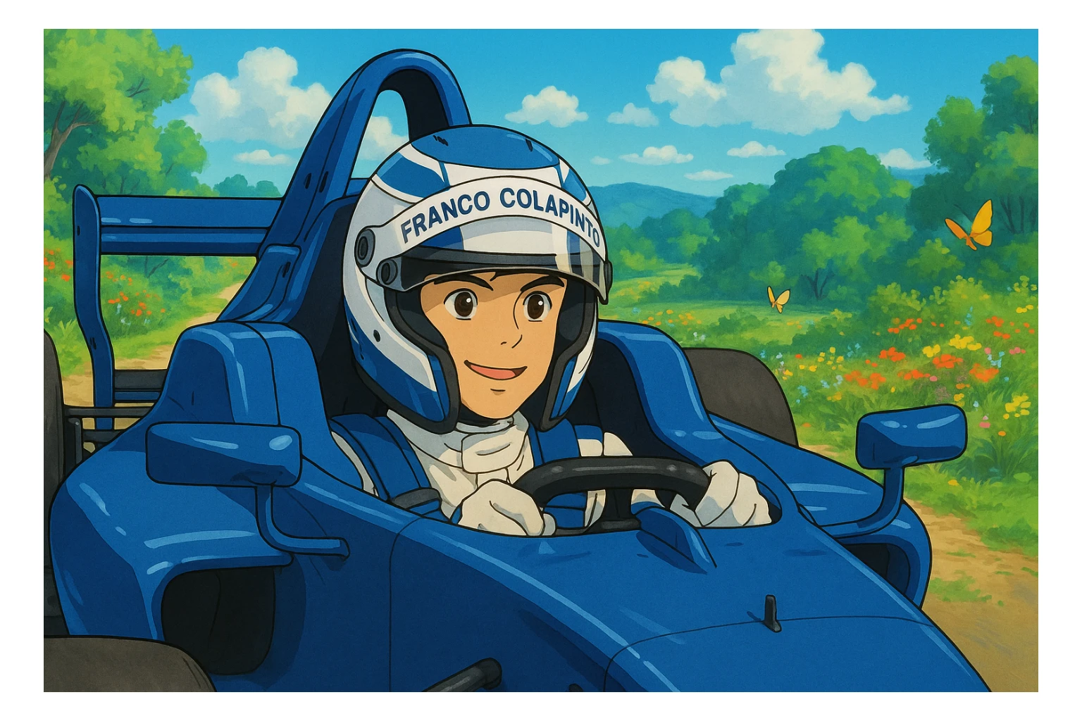 Franco Colapinto driving a blue car, ghibli style sticker