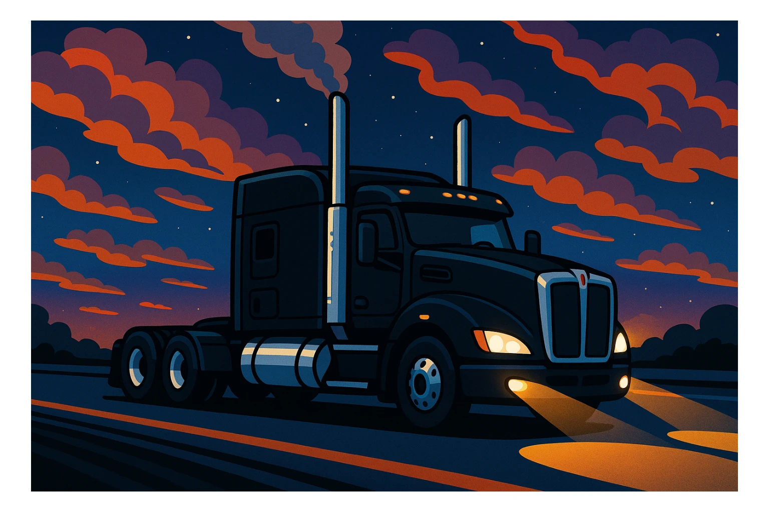 cartoon style black Kenworth T680 Flat Top semi sleeper driving down the highway at night, smoke coming out of chrome stacks, dramatic night sky, headlights on, vibrant and fun sticker