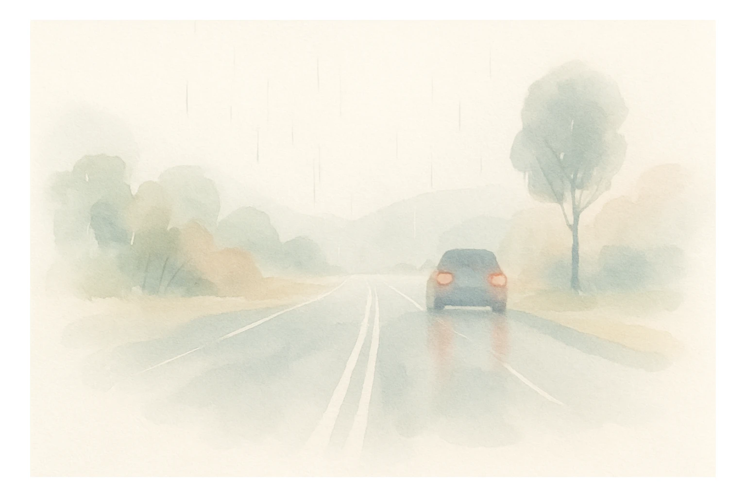 a rainy road with soft colors and blurred edges in watercolor style sticker