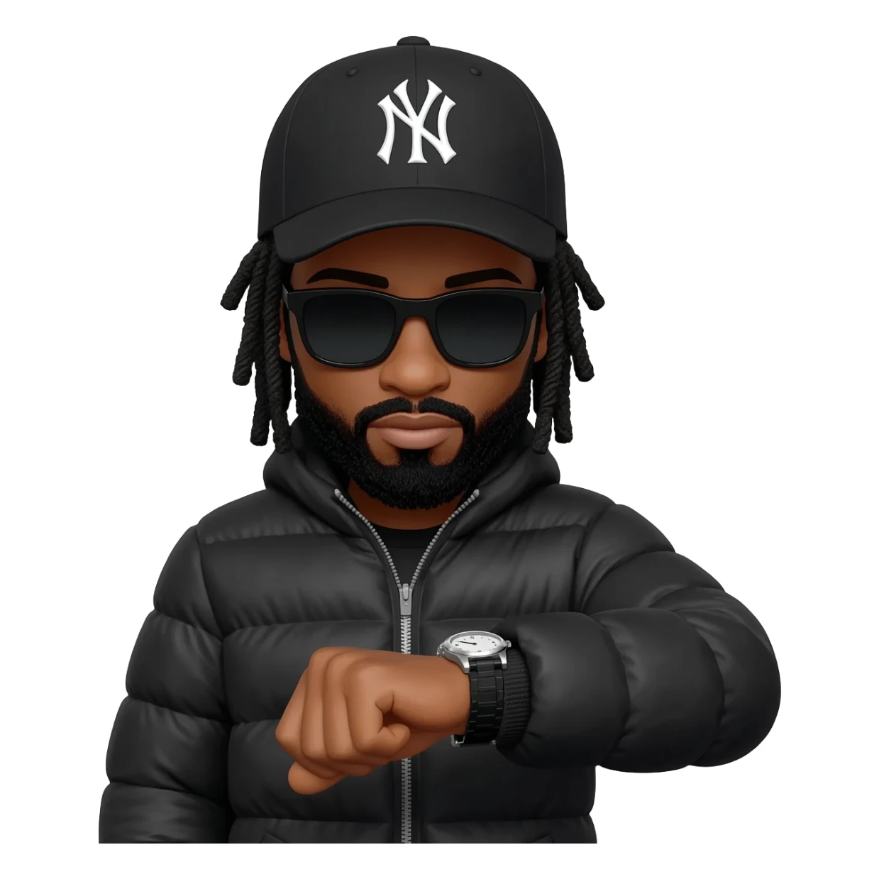 African American man with shoulder length black dreadlocks with black beard wearing black sunglasses wearing a black New York Yankees logo baseball cap wearing a black bubble winter coat wearing a wrist watch looking at the time on his wrist watch sticker