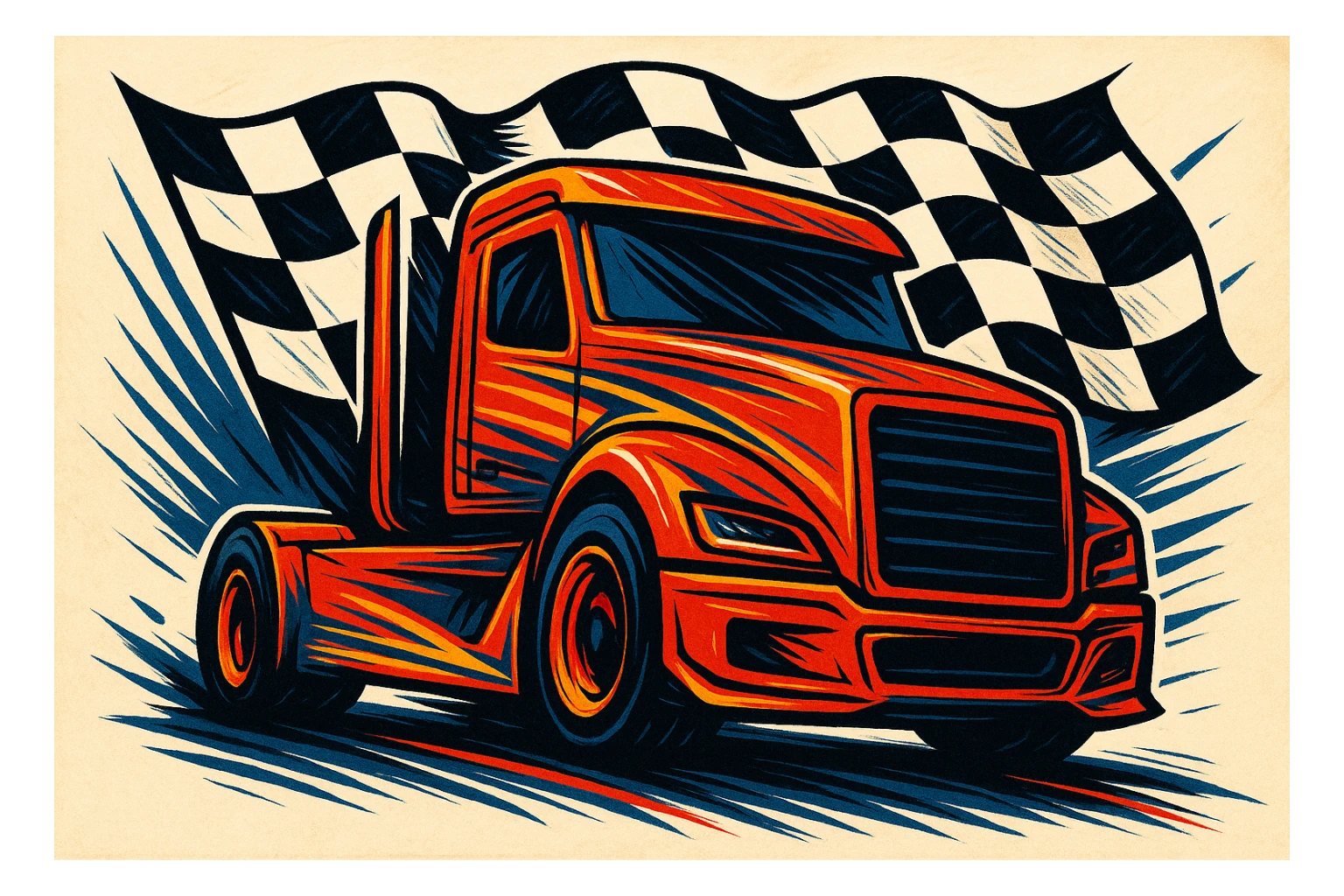 race truck with a checkered flag background, bold and dynamic style sticker