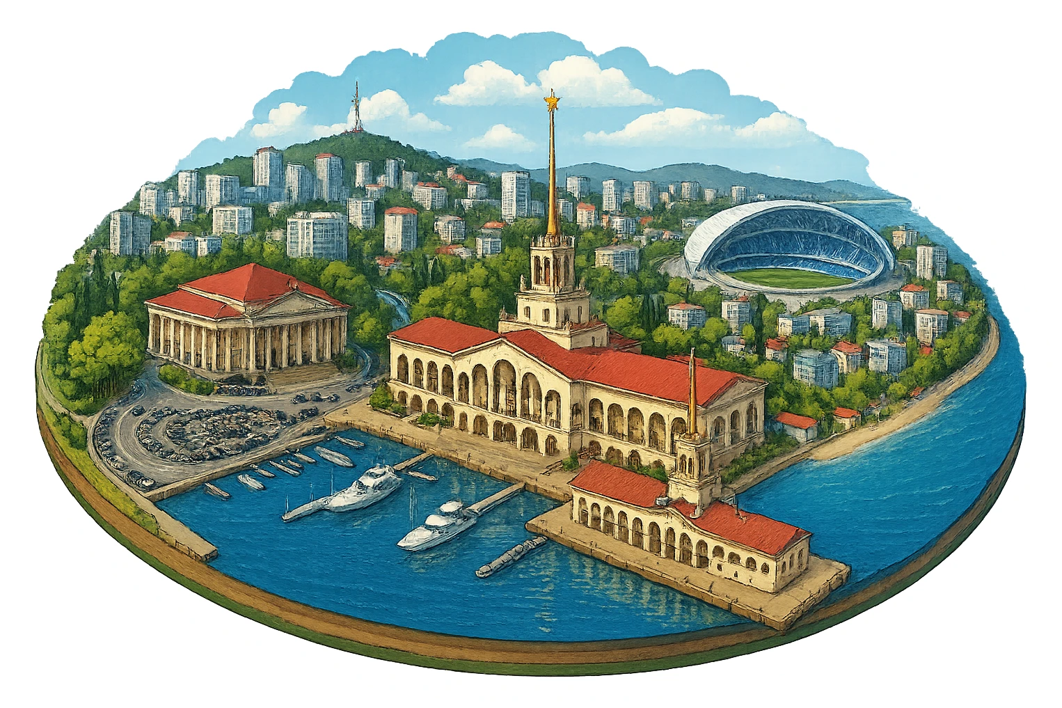 Изометричная, яркая, детализированная и фотореалистичная иллюстрация панорамы города Cочи на круглой подставке в стиле 3D-коллажей городов, здание Морского Порта, Зимний театр, стадион Фишт, море чёткие линии, слегка мультяшная стилистика, прозрачный фон, не обрезать края картинки sticker