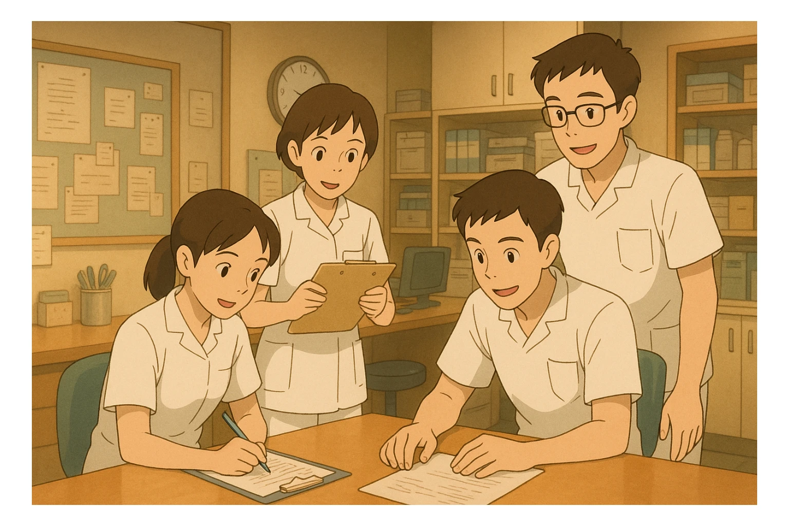 Collaboration scene of four nursing students inspired by photos, in a care station, Ghibli style. White medical tunics with V-neck, left chest pocket, short sleeves, no classic collar, no accessories, warm and professional atmosphere. sticker