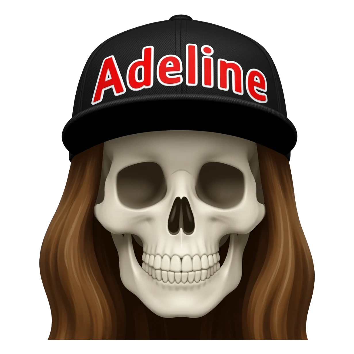 Create a skeleton head wearing a black baseball cap that says " Adeline " in red, and white lettering, with long brown hair sticker
