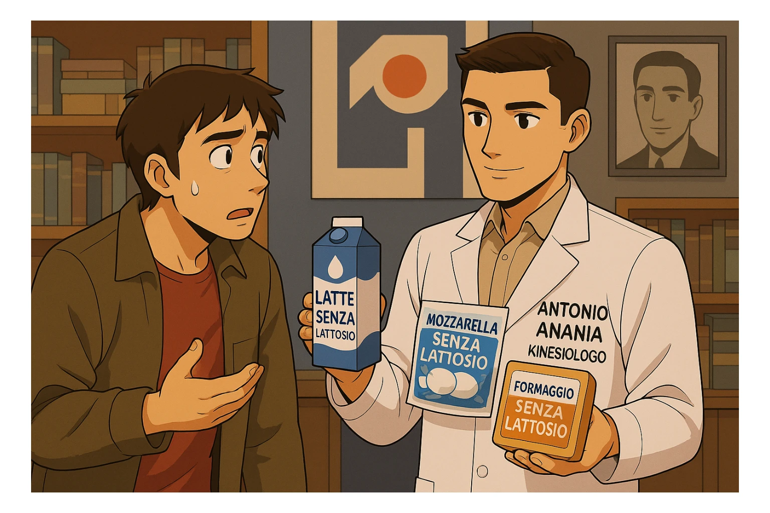 fai un webtoon manga a colori con questo stile, in cui un uomo ASCOLTA Il kinesiologo con il camice bianco (fagli anche la scritta "ANTONIO ANANIA" SUL CAMICE, IL KINESIOLOGO SPIEGA ALL'UOMO UNA MOSTRANDO VARI PRODOTTI DA SUPERMERCATO CONFEZIONATI (TIPO SCATOLA DI LATTE, MOZZARELLE CONFEZIONATE, FORMAGGIO CONFEZIONATO), OGNI CONFEZIONE HA LA SCRITTA "SENZA LATTOSIO SULL'ETICHETTA. L'UOMO OSSERVA IL KINESIOLOGO CON ESPRESSIONE CONFUSA IN VOLTO. non fare i fumetti però, fai solo in modo che sembri stiano parlando sticker