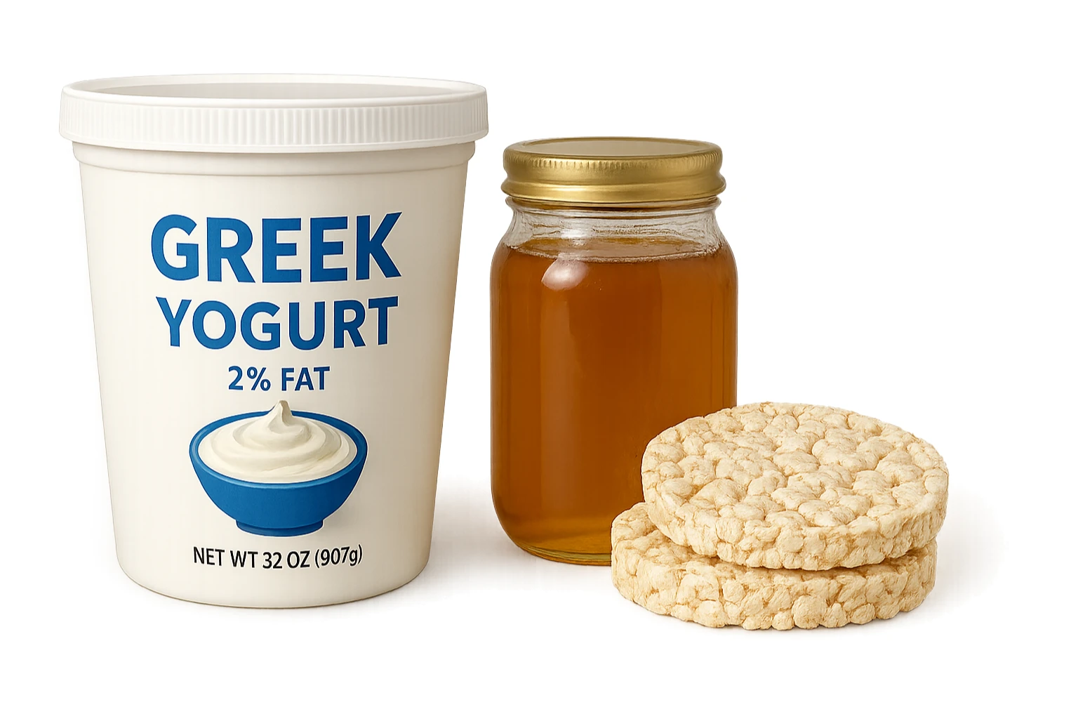 Yogurt Greco 2%
Miele (senza il cucchiaio di legno)
Gallette di Riso
vista frontale, iperrealistico 4k sticker