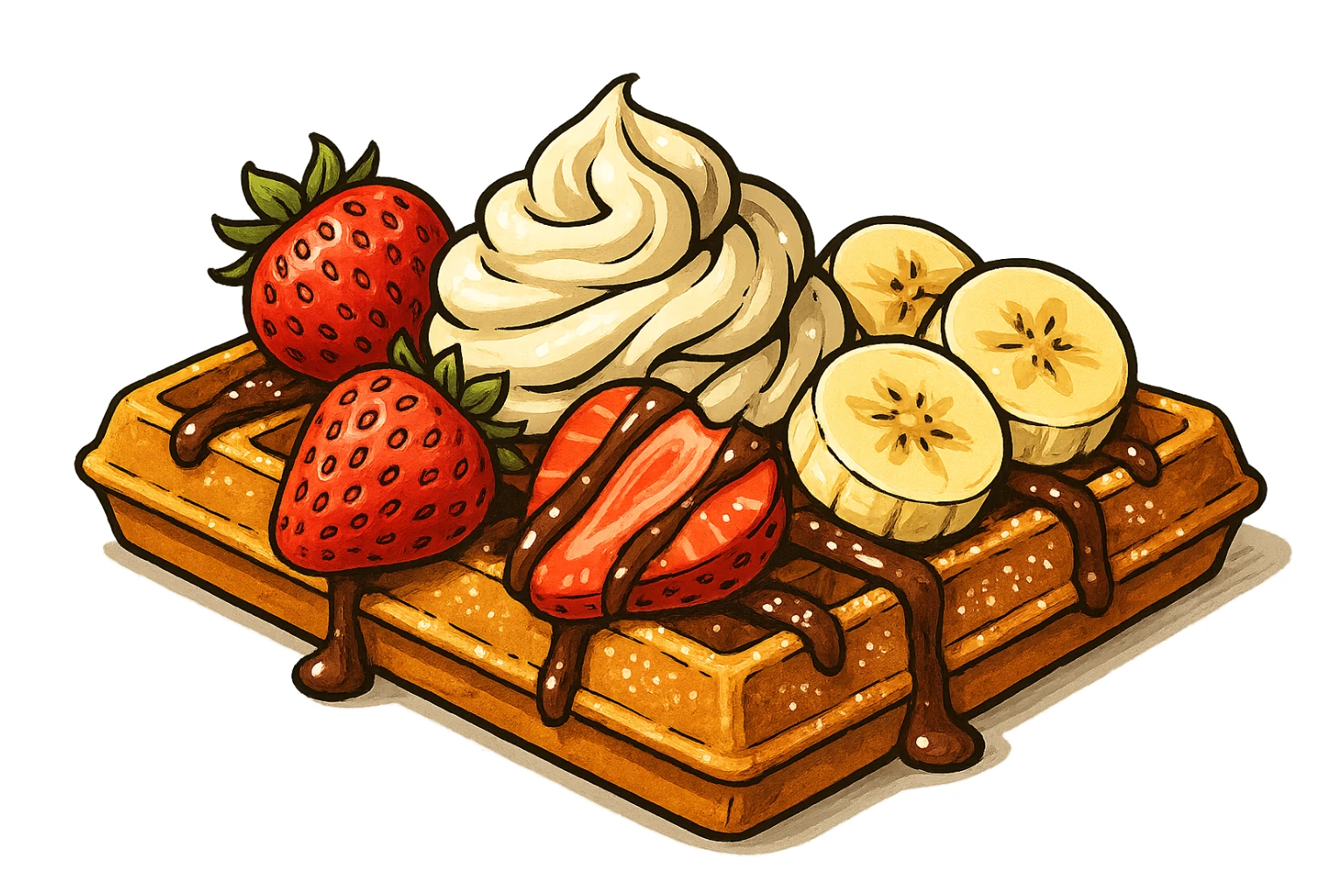 В слегка рисованном, но при этом ярком и объемном стиле с четкими линиями составь композицию, где горизонтально лежит классическая брюссельская вафля с клубникой и бананом, сливочными кремом, политая шоколадом и посыпанная сахарной пудрой, профессиональный свет, подчеркивающий объем, сделай картинку более широкой, прозрачный фон sticker