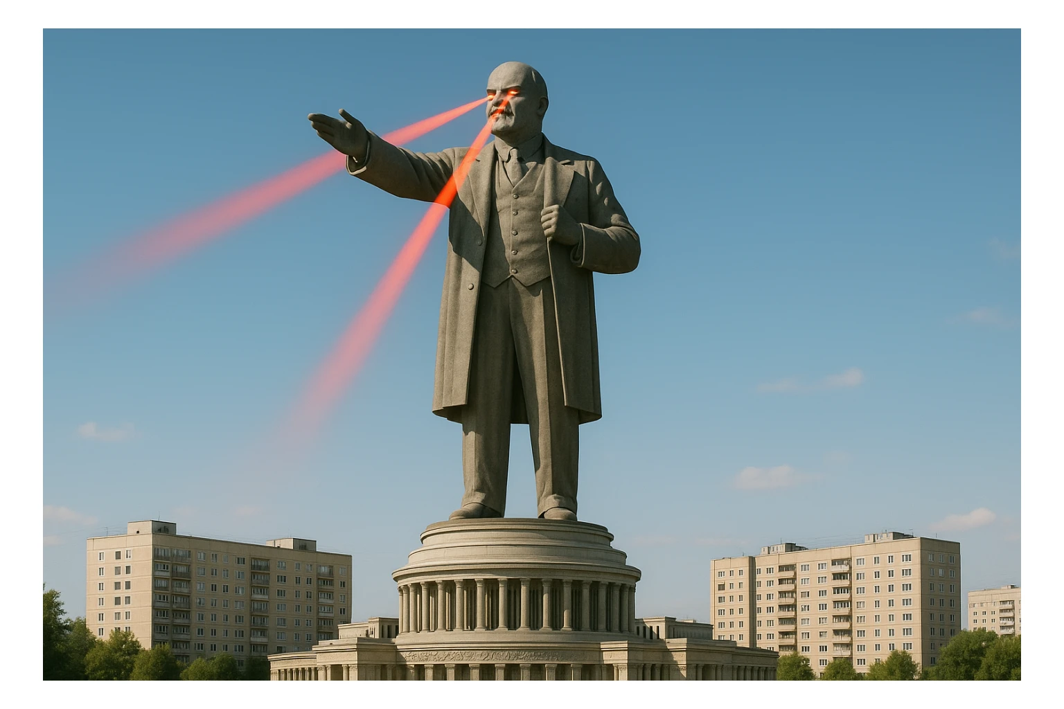 Дворец Советов, основной упор на 100-метровую фигуру Ленина, у которой из глаз вылетают 2 луча прожектора красного цвета.

На фоне можно поставить обычные пятиэтажки-панельки, которые в 20 раз меньше Дворца Советов

Стиль фото реализм, обычный солнечный день  sticker