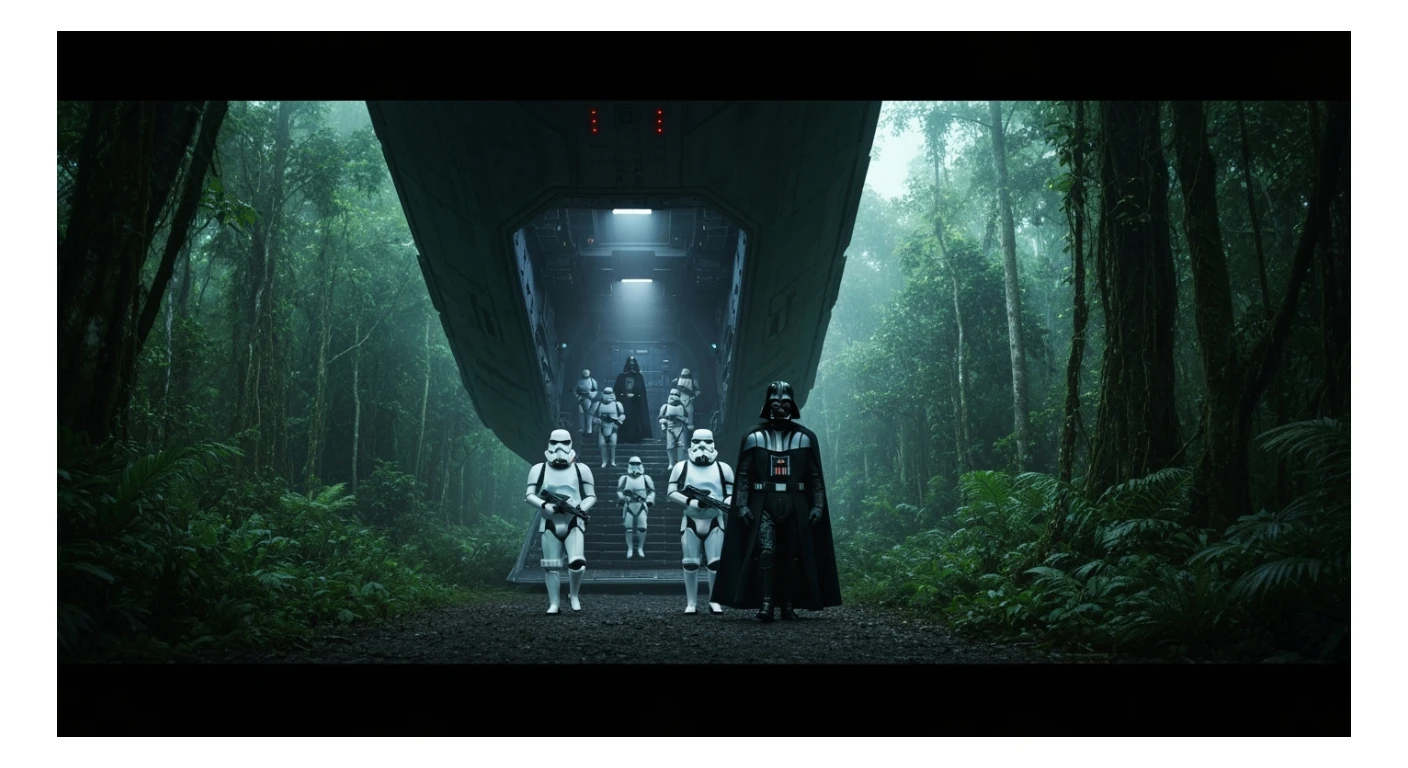 cinematic still, Medium shot, amazon jungle, Darth Vader around stormtroopers coming out from starship on ground, they are exploring the jungle, inspired by StarWars movie, captured by arri alexa sticker