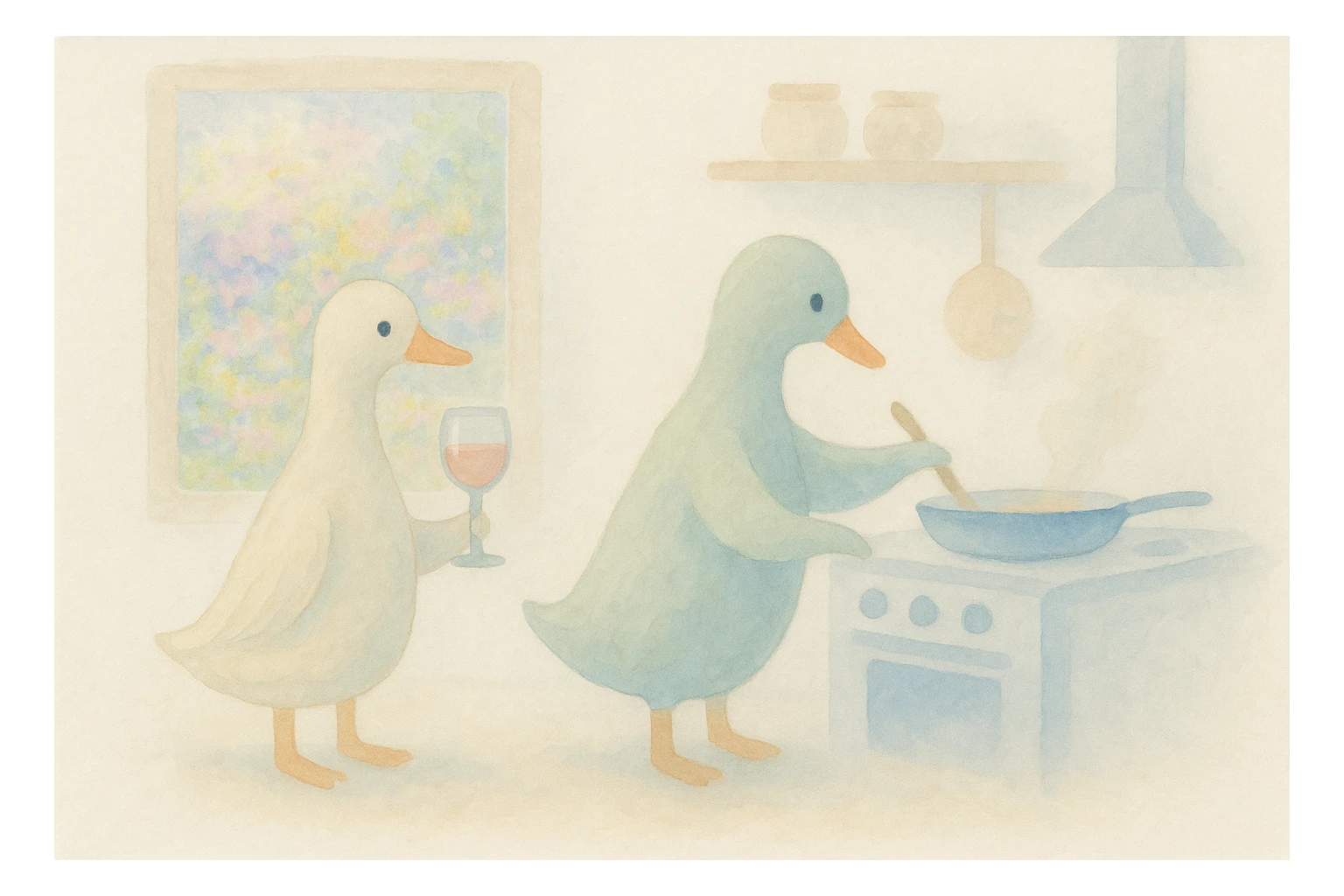 Include a window showing a vibrant garden, Monet-inspired impressionist watercolor style, 4:3 aspect ratio, pastel palette, soft colors outside the window. sticker