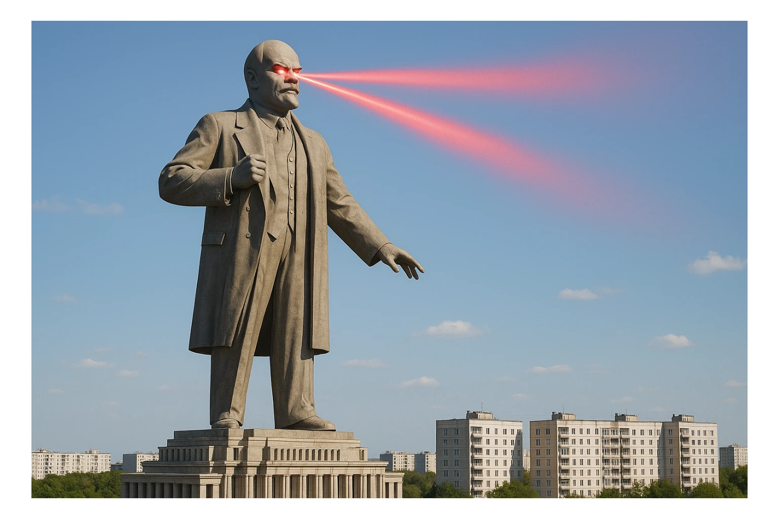 Дворец Советов, основной упор на 100-метровую фигуру Ленина, у которой из глаз вылетают 2 луча прожектора красного цвета.

На фоне можно поставить обычные пятиэтажки-панельки, которые в 20 раз меньше Дворца Советов

Стиль фото реализм, обычный солнечный день  sticker