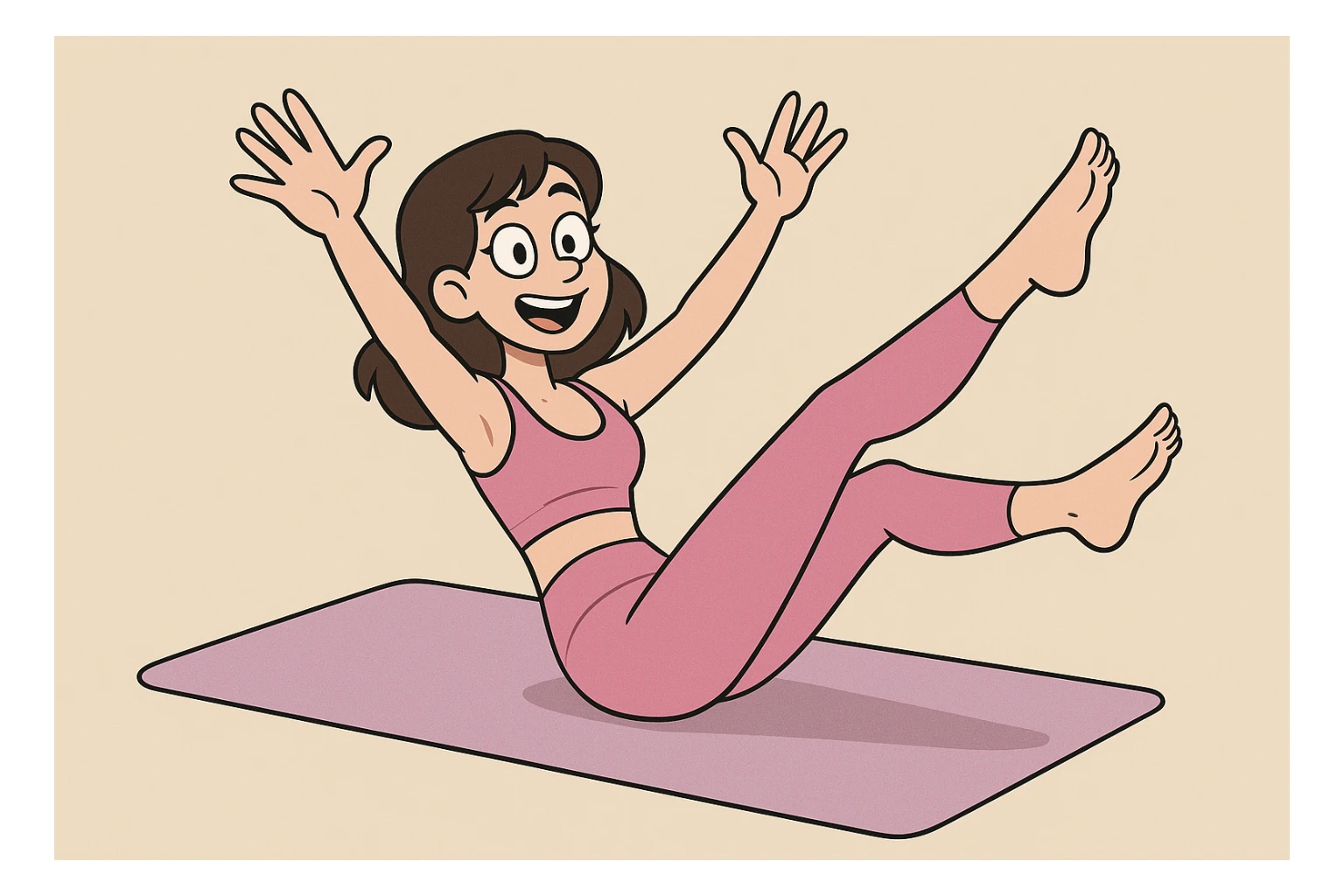 white brunette girl doing pilates in pink workout gear, full body, energetic, modern fitness illustration sticker