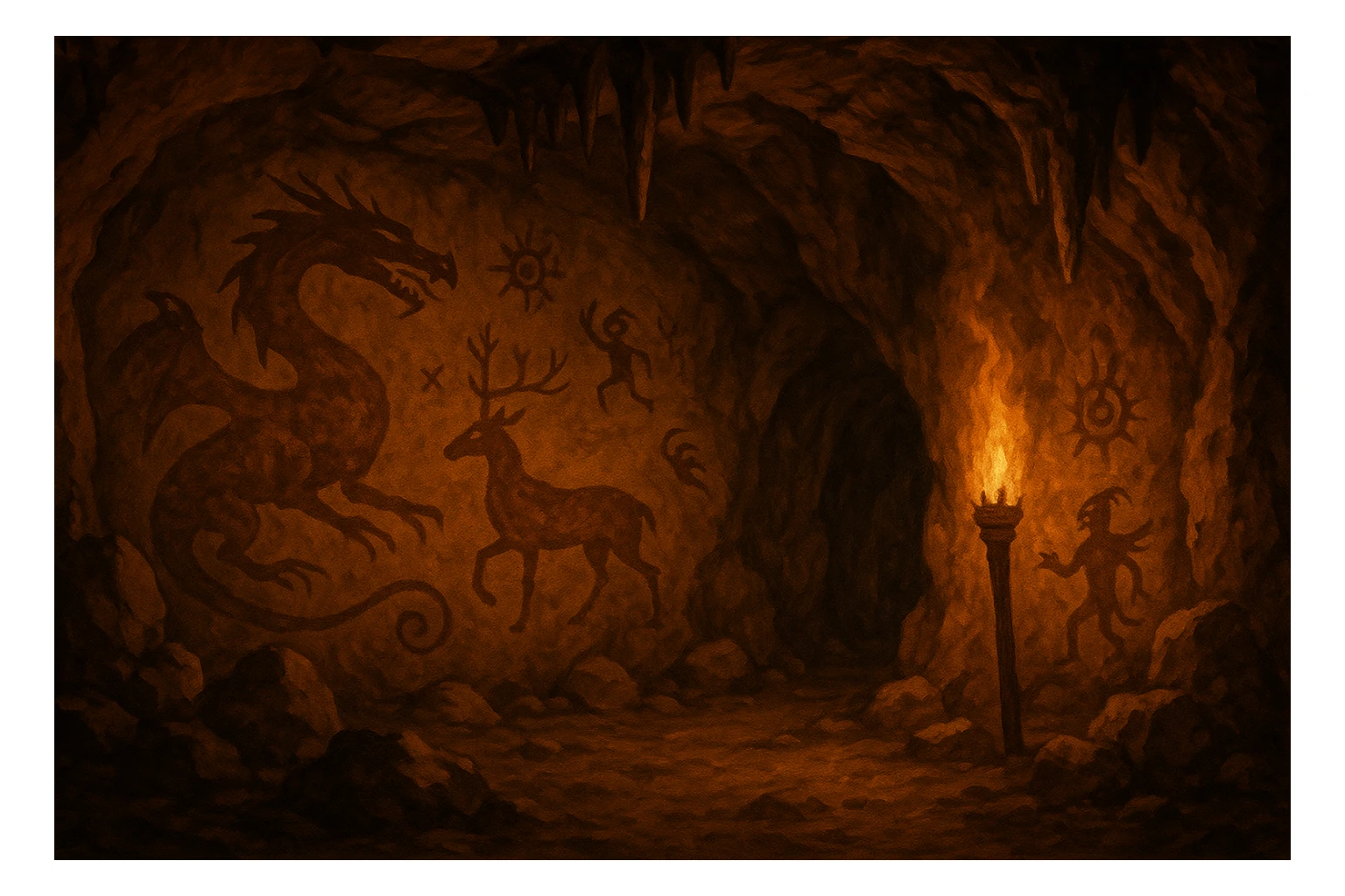 a cave with ancient cave paintings on the walls, torchlight, fantasy style sticker