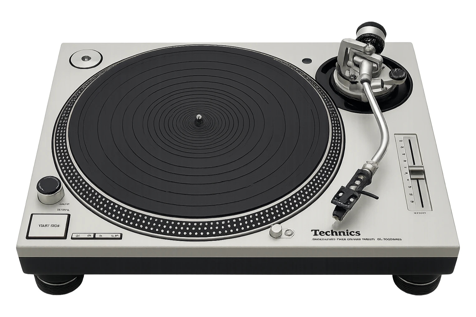 realistic Technics turntable, detailed platter and tonearm, iconic strobe dots, silver and black color scheme sticker