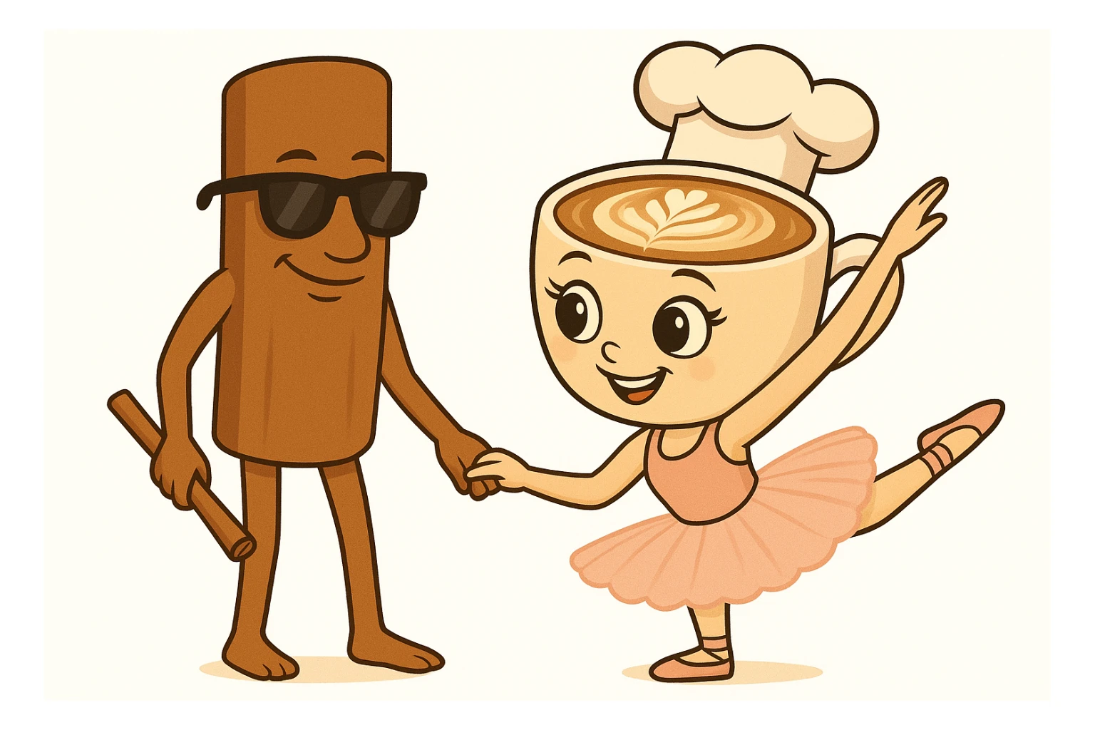 Add a chef hat to the coffee cup character and sunglasses to the cinnamon stick character in the same quality and style as the original image. sticker