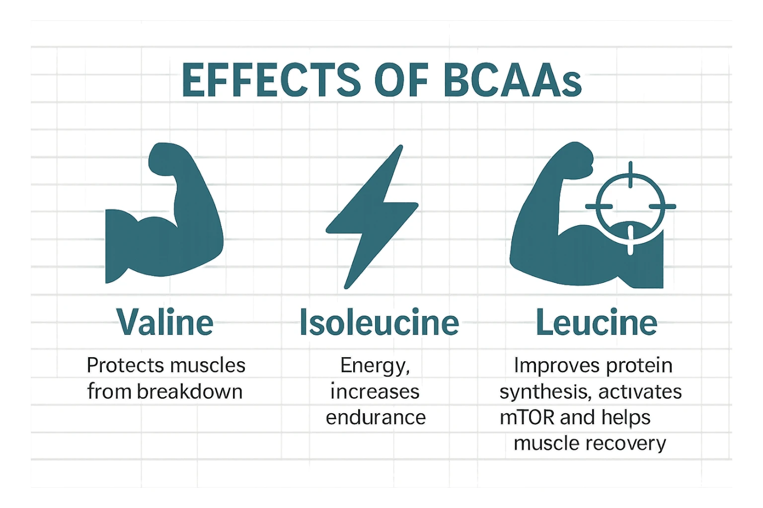 Create a beautiful infographic showing all the effects of BCAAs using symbols. 1 Valine - Protects muscles from breakdown. Isoleucine - Energy, increases endurance. Leucine - Improves protein synthesis, activates (mTor) and helps muscle recovery. sticker
