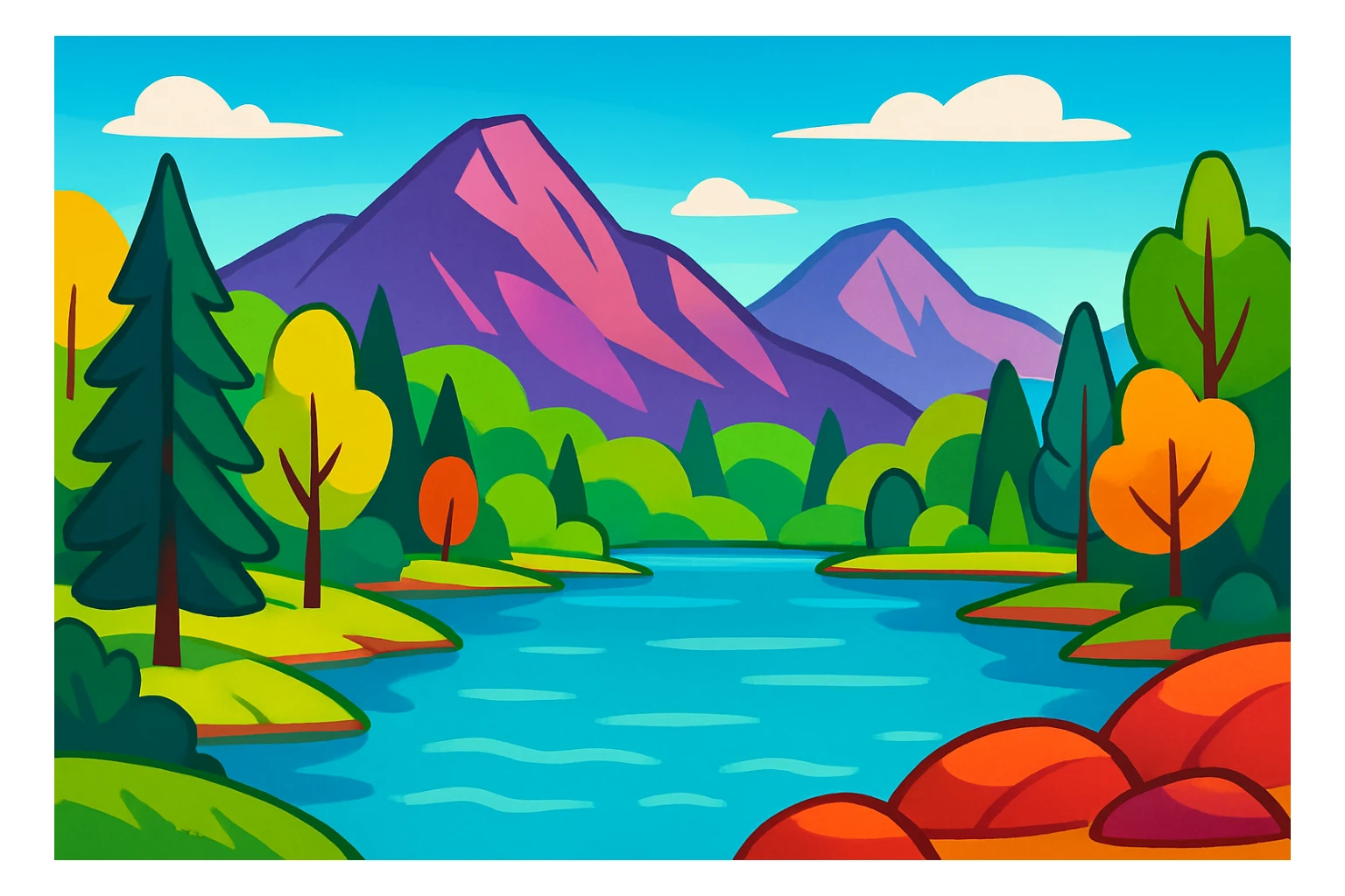 a lake surrounded by trees and mountains, vibrant cartoon style sticker