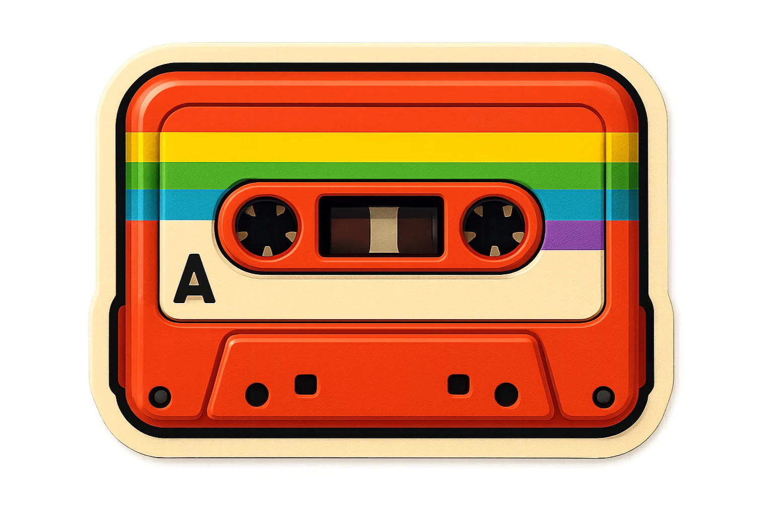 a cassette tape with a rainbow label, retro sticker style sticker