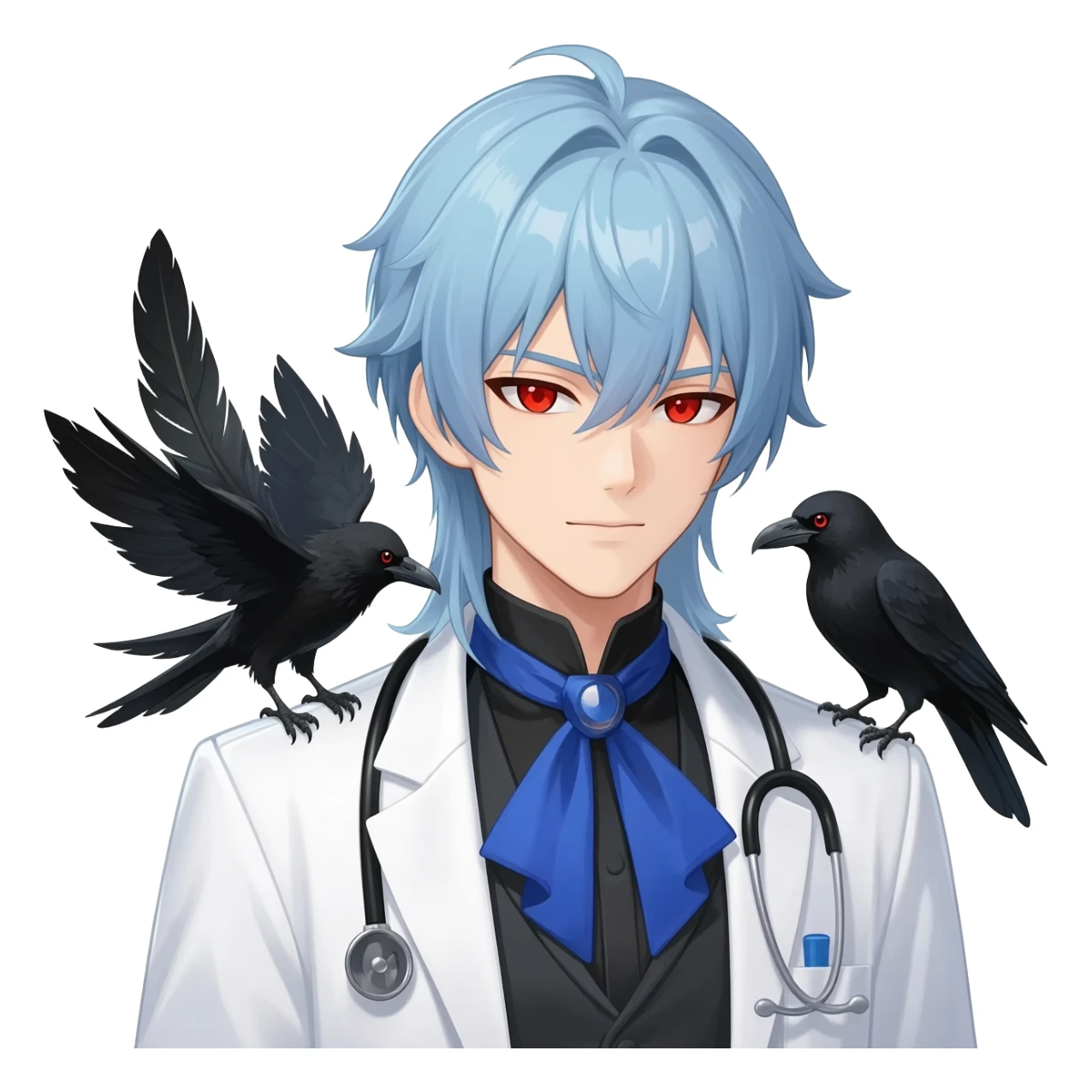 Il Dottore from Genshin Impact; Alchemist handsome anime man with light-blue beautiful hair, handsome sexy, long hair tendril bangs down on the sides, white lab coat, blue cravat, black feathers on shoulder, raven companion, black gloves, red eyes sticker