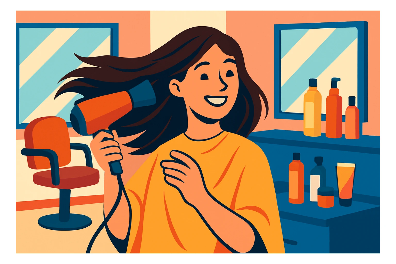 mujer sonriente en la peluquería, secándose el cabello con secador, estilo moderno, detalles de salón de belleza sticker