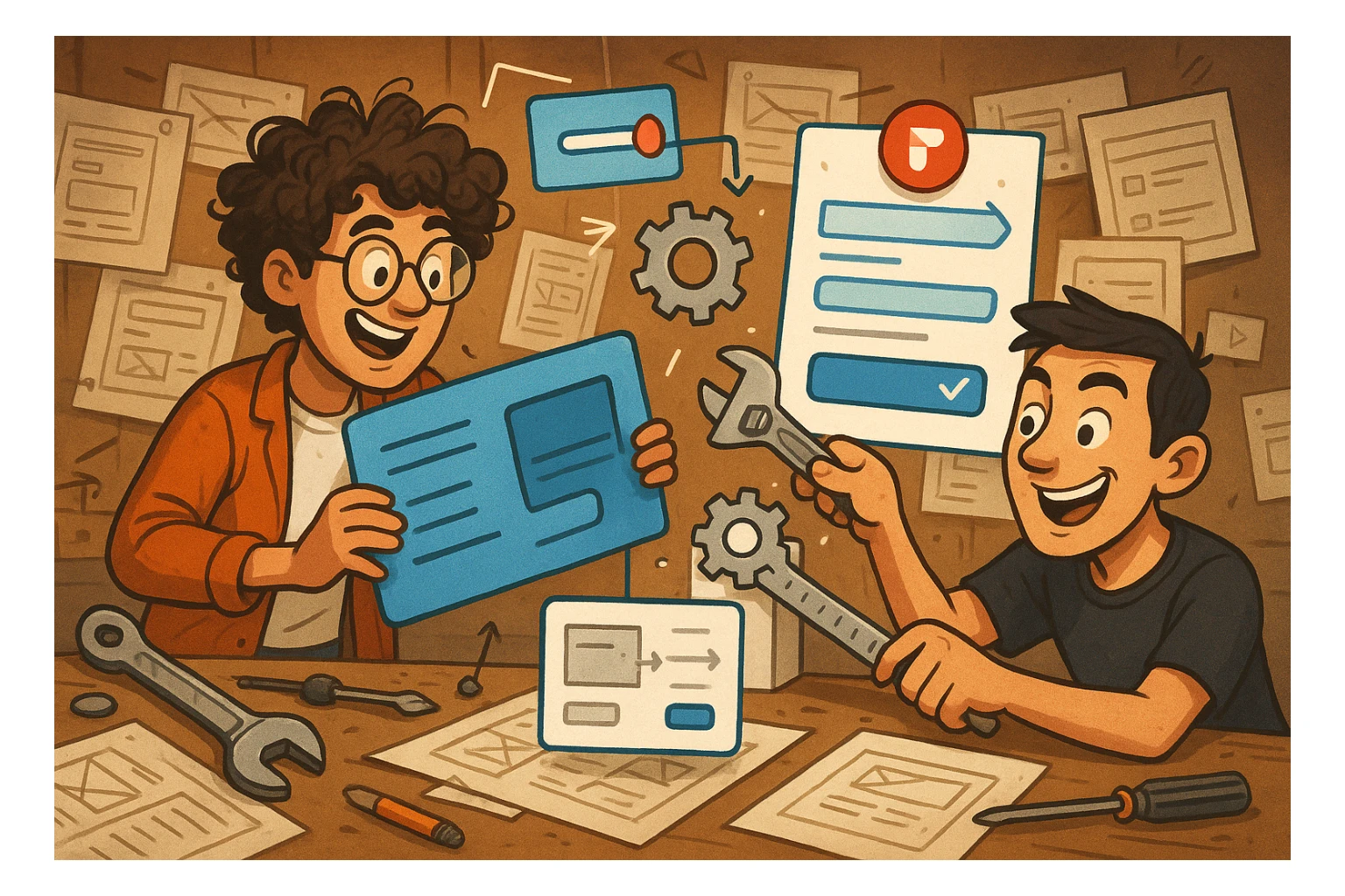 Two designers in a clever, chaotic workshop, one with curly hair and one with short dark hair, using tools like a wrench, ruler, and Figma UI elements to repair and upgrade messy old UI components. They are focused and playful, turning legacy UI into a clean, beautiful interface. sticker