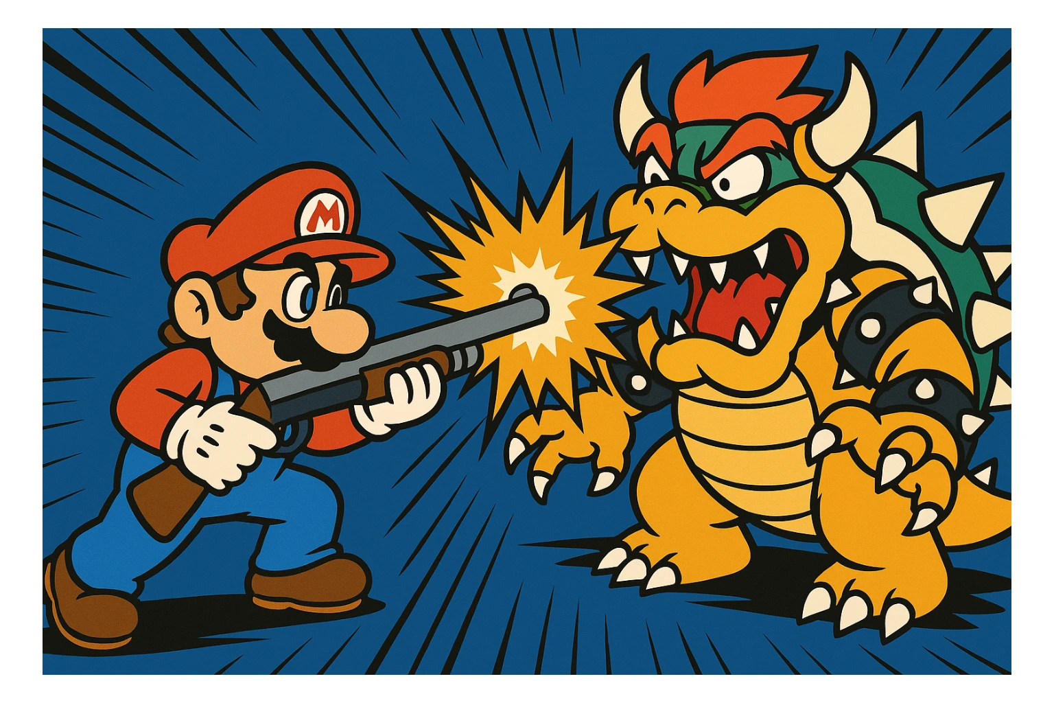 Mario firing a shotgun at Bowser, comic book action lines, dramatic scene, cartoon style sticker