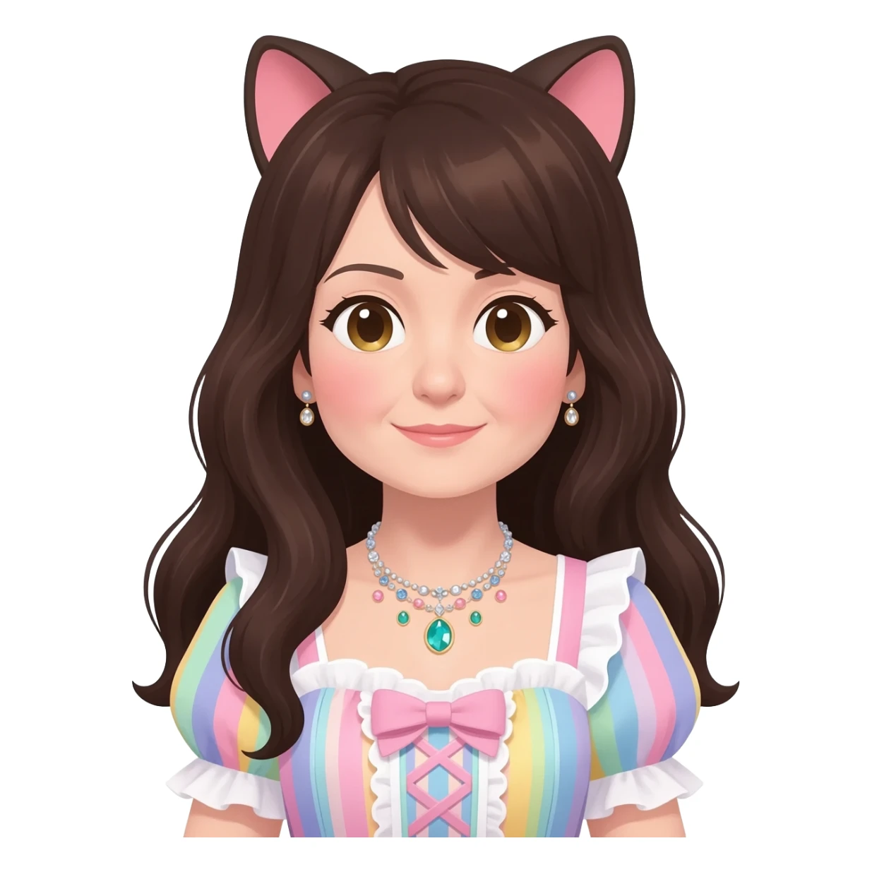 Gorgeous spectacular epic realistic mature anime-styled smooth soft shiny romantic pastel anime style lady with blushing cheeks, cat ears, long beautiful luscious stylish hair, big pretty eyes, dark-brown hair, colorful pastel Lolita dress, necklaces, jewels sticker