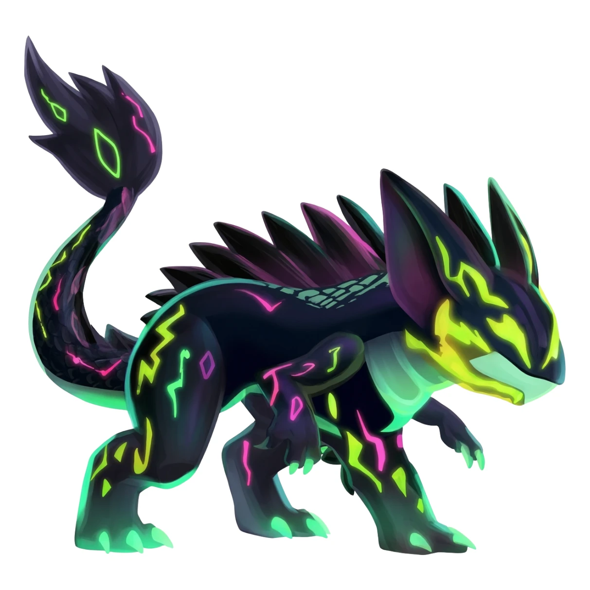 Rare realistic black-scaled neon-glowing bioluminescent edgy badass epic pretty beautiful handsome gorgeous aesthetic colorful vibrant Vernid-Trico-Amaura-species-Fakemon-creature by LiLaiRa, 4 legs, 1 tail, random markings, (full body) sticker