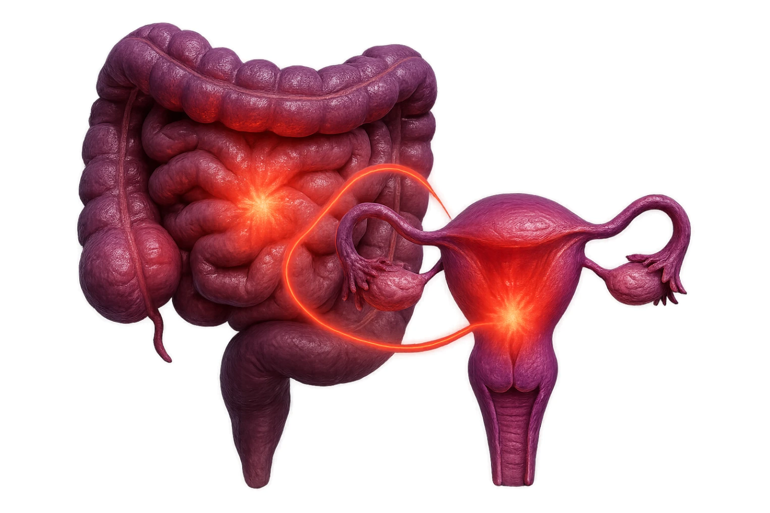 utero umano anatomico iperrealistico e intestino umano anatomico iperrealistico hanno in comune il dolore e l'infiammazione, rendi bene il collegamento tra i due organi doloranti, falla iperrealistica, non disegnata, fai colori che si adattano a questo viola #971ef1 sticker