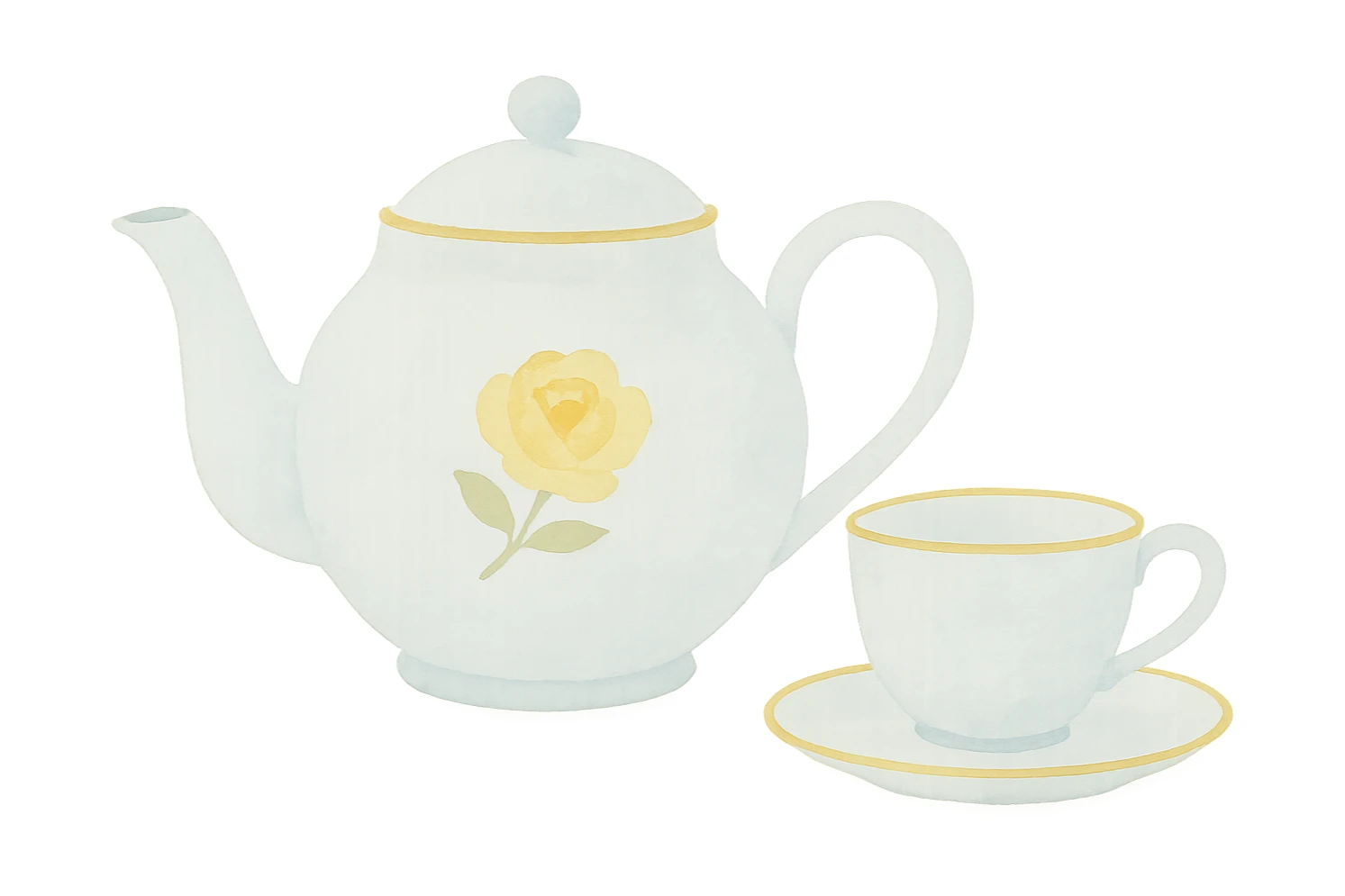 matching teapot in dreamy painterly watercolor style, light blue with a gold rim and a yellow rose painted on the side, transparent background, matches the attached tea cup and saucer sticker
