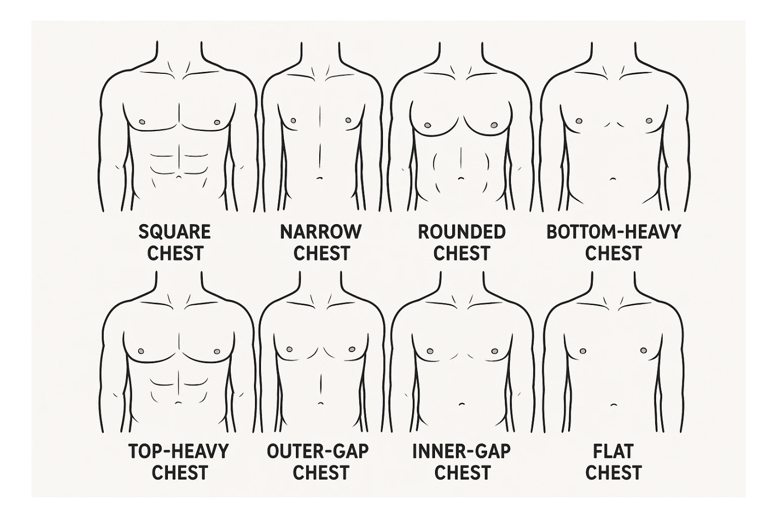 Make image of types of male chest shapes, few examples: Square chest, Narrow chest, Rounded chest, Bottom-heavy chest, Top-heavy chest, Outer-dominant chest, Inner-gap chest, Flat chest. sticker