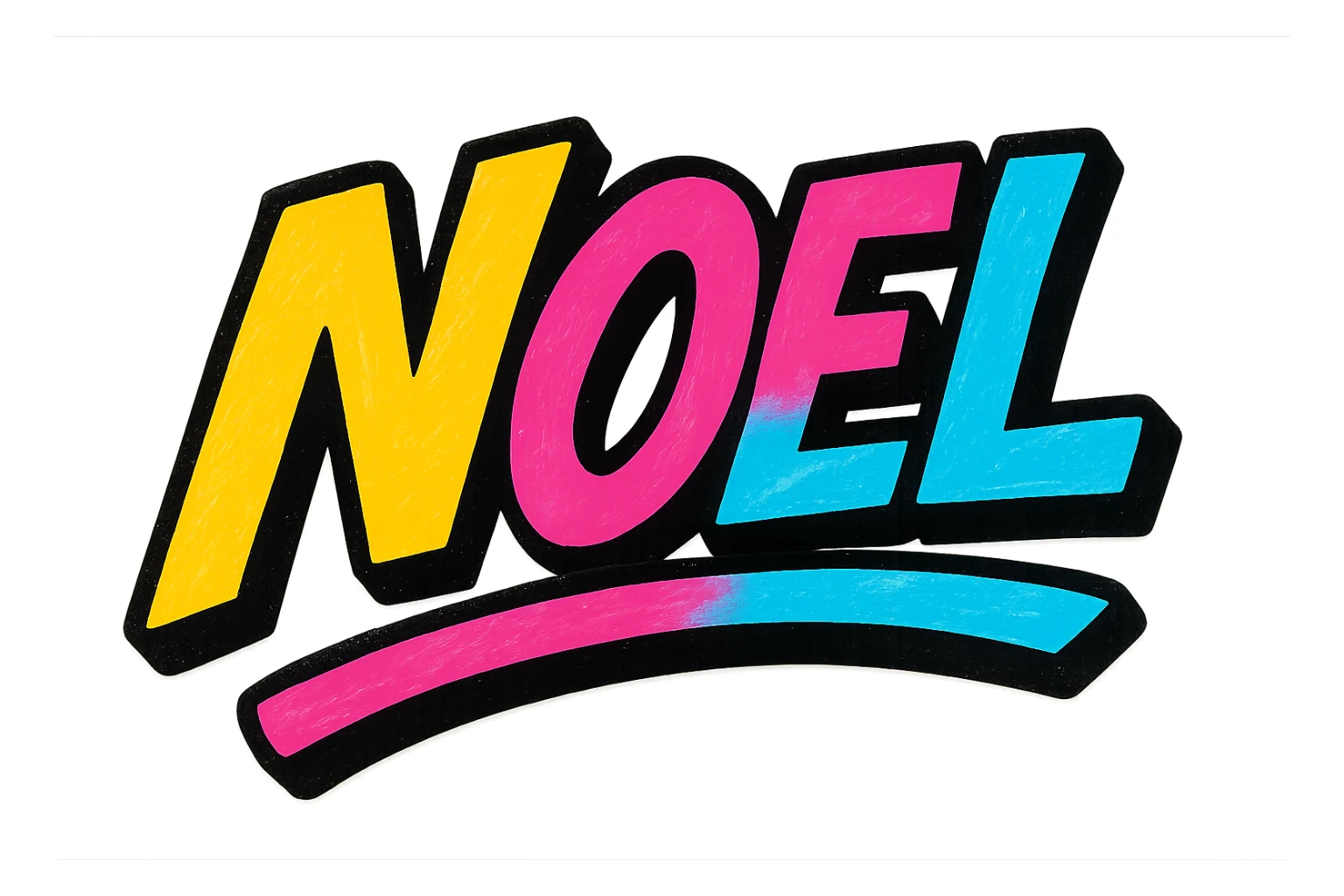 Noel name in modern colorful gradient font with dark outline, dynamic slanted or partial underline, in the style of reference patterns sticker
