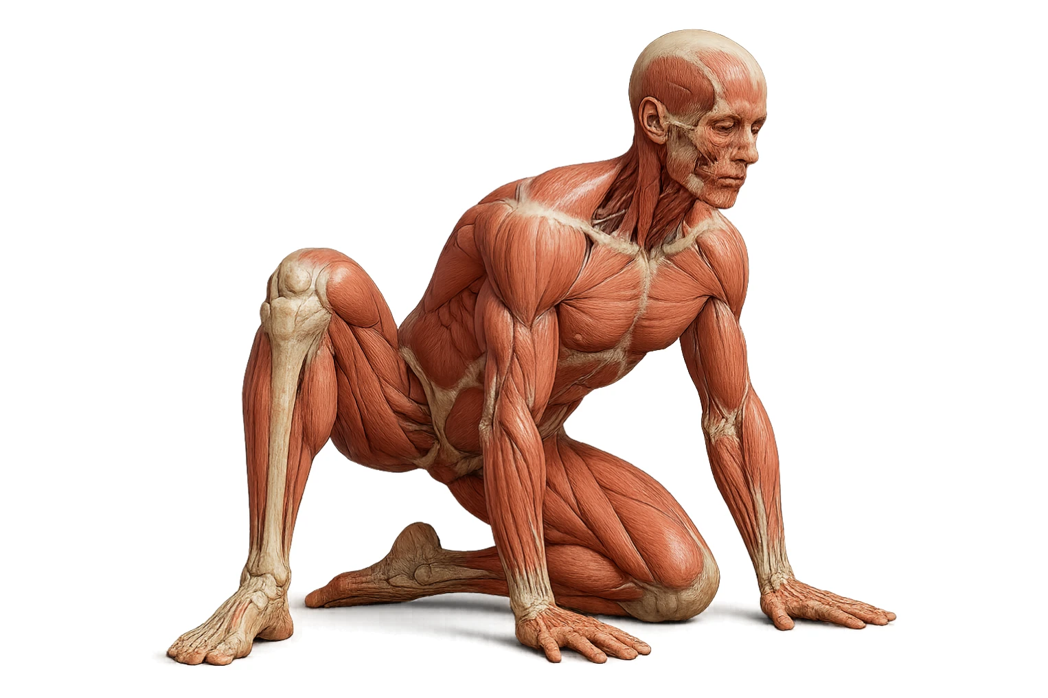 CORPO UMANO ANATOMICO REALISTICO CHE SVOLGE UN ESERCIZIO DI MOBILITà ALLE ANCHE, iperrealistico 4k sticker