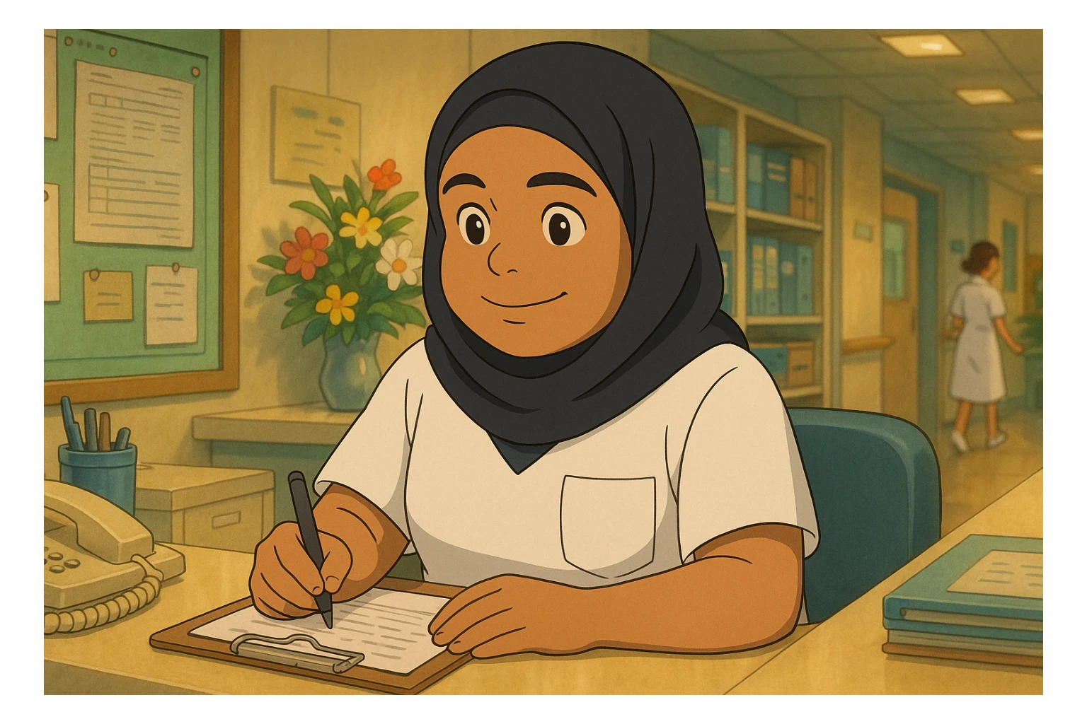 Étudiante infirmière en style Ghibli, travaillant dans un poste de soin, portant un uniforme blanc à manches courtes sans pied de col ni stéthoscope, haut de type tunique médicale avec col en V et poche poitrine à gauche, pas de tissu dépassant des manches, inspirée de la personne sur la photo, ambiance chaleureuse et collaborative. sticker