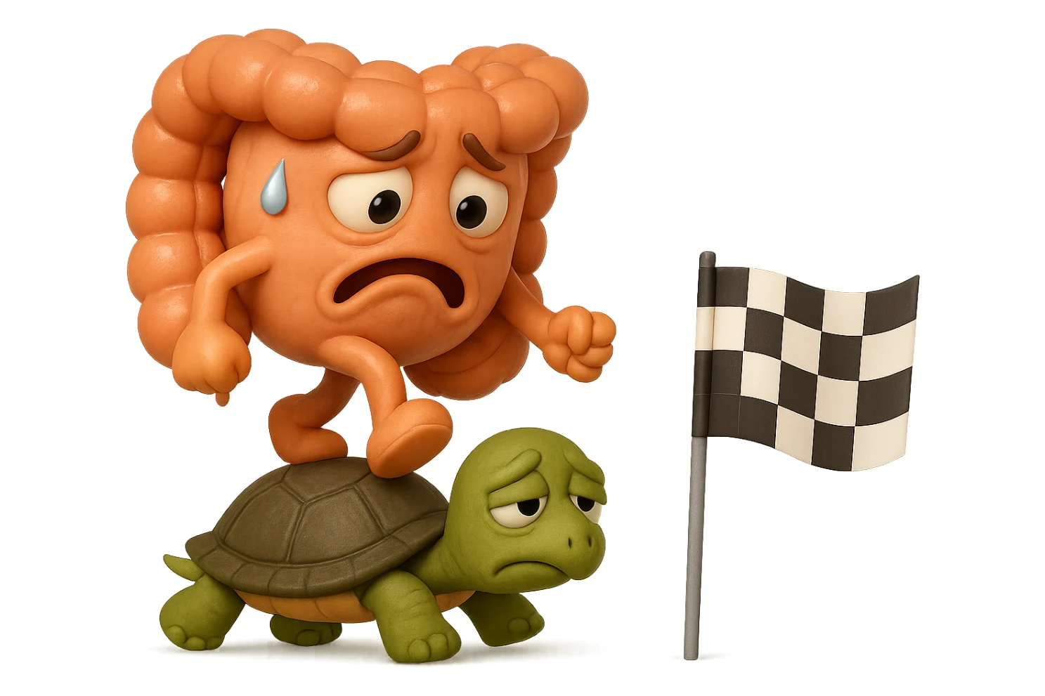  EMOJI STILE IPHONE 3D DI UN INTESTINO CON ESPRESSIONE ANGOSCIATA CHE CAMMINA SUL GUSCIO DI UNA TARTARUGA IN ATTESA ESTENUANTE DI RAGGIUNGERE UN TRAGUARDO POCO PIù AVANTI, SULLA LORO DESTRA. IL TRAGUARDO è UNA BANDIERA A DUE PIEDI CON FASCIA A SCACCHI BIANCHI E NERI. iperrealistico 4k sticker