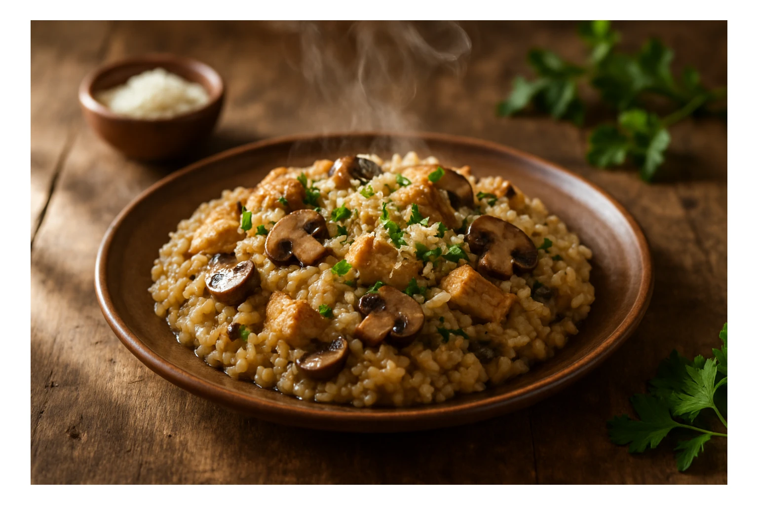 a steaming plate of risotto with chicken and mushrooms, rustic Italian presentation sticker
