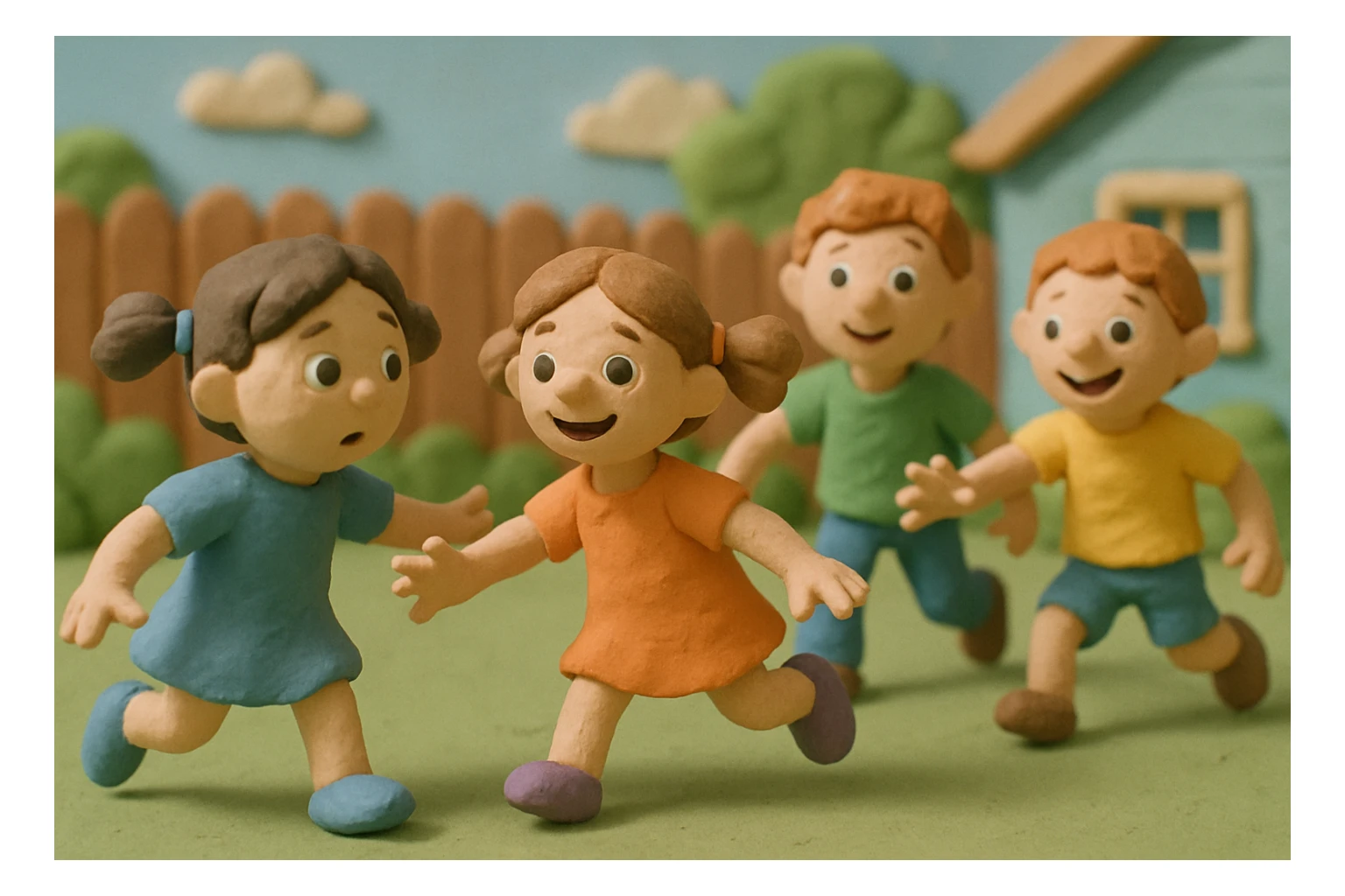 Children playing tag in a backyard, claymation style, pastel colors, visible fingerprints, matte plasticine texture. sticker