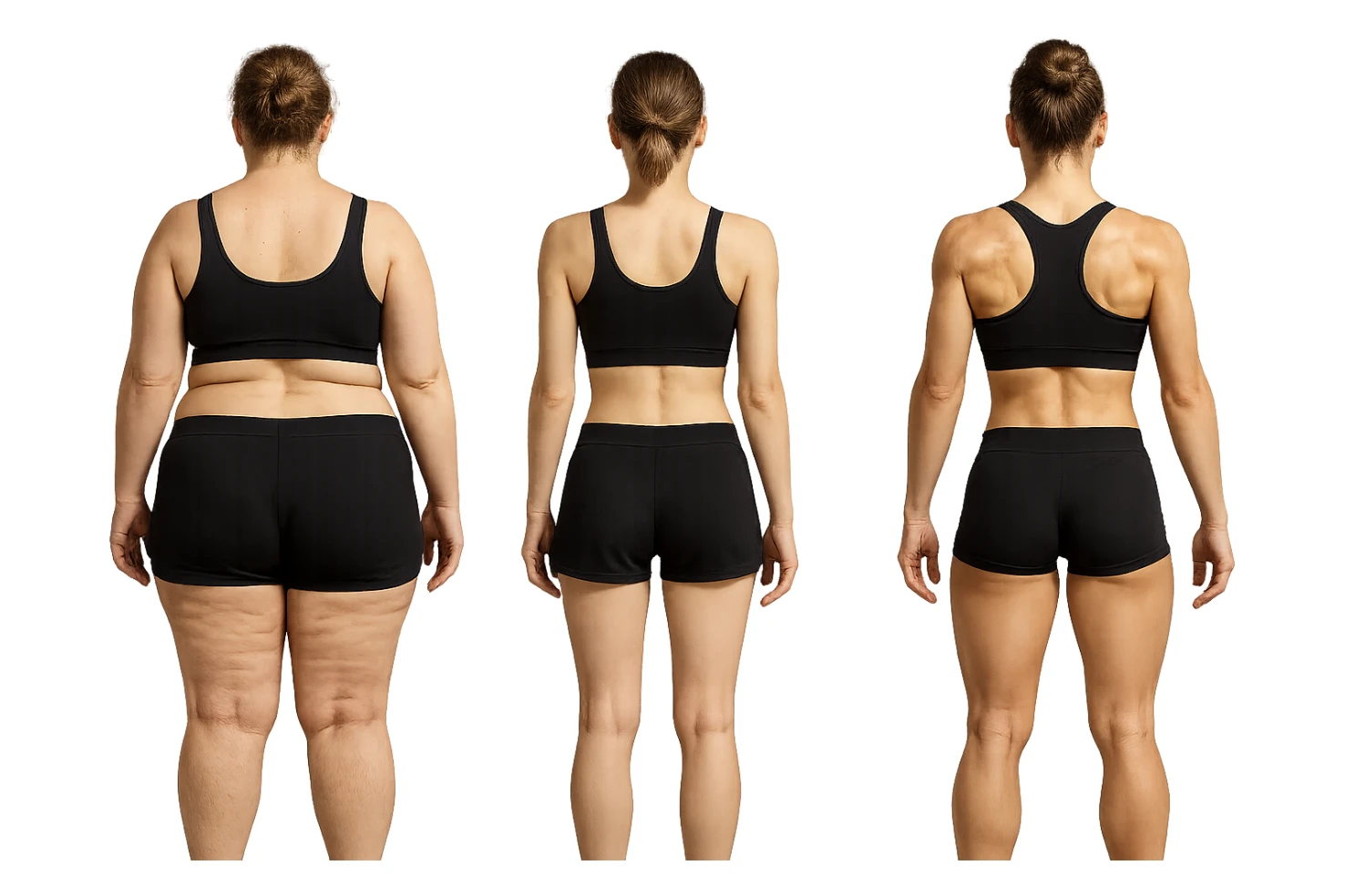 fai una donna di spalle in gym shorts leggermente sovrappeso e con cellulite e accanto una seconda donna di spalle magra (che è dimagrita post dieta) e accanto una terza donna in forma allenata e con le giuste proporzioni, l'immagine deve rappresentare il processo: da donna grassa, a donna piatta e magra, a donna allenata e in forma con i giusti muscoli, iperrealistico 4k sticker