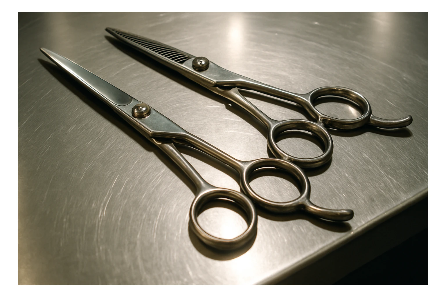 A set of professional barber scissors lies on a stainless steel workbench, gleaming under the bright lights. The blades are sharp and precise, with smooth handles showing signs of frequent use, ready for the next cut sticker