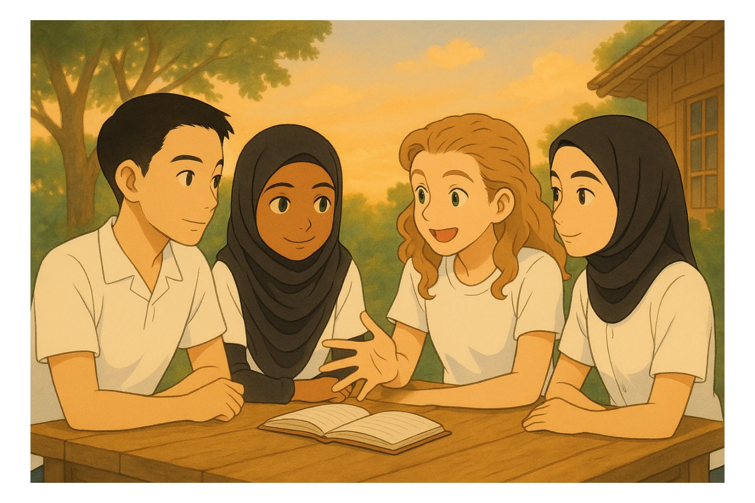 Recreate the image in the warm and soft Ghibli style as shown in the left reference image. Keep the same composition and characters, but ensure all characters wear white short-sleeve shirts only, with no long sleeves or visible undershirts. sticker