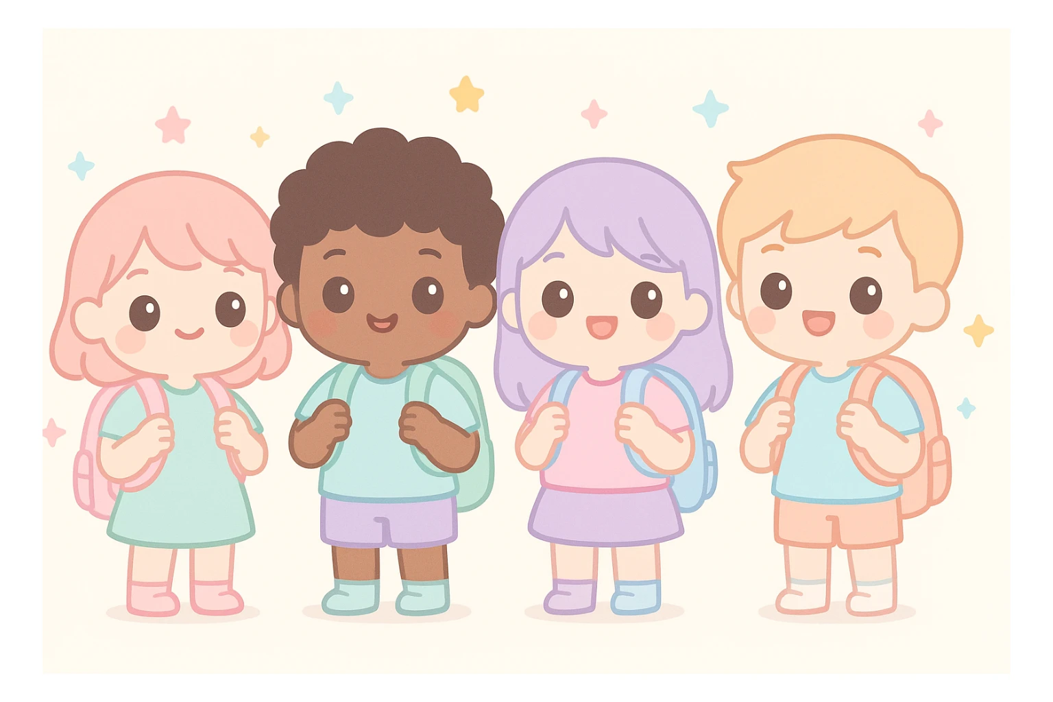 group of diverse children with backpacks, kawaii style sticker
