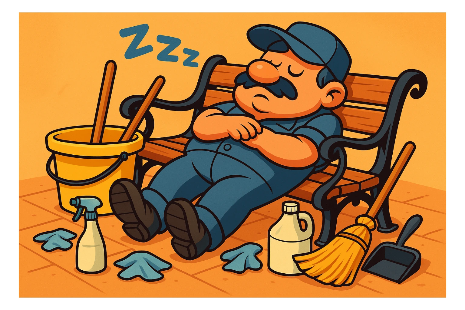 Make the lazy janitor more cartoonish with exaggerated features in a playful style. Show him lying on a bench, cleaning supplies scattered around, hat over eyes, sleeping. sticker