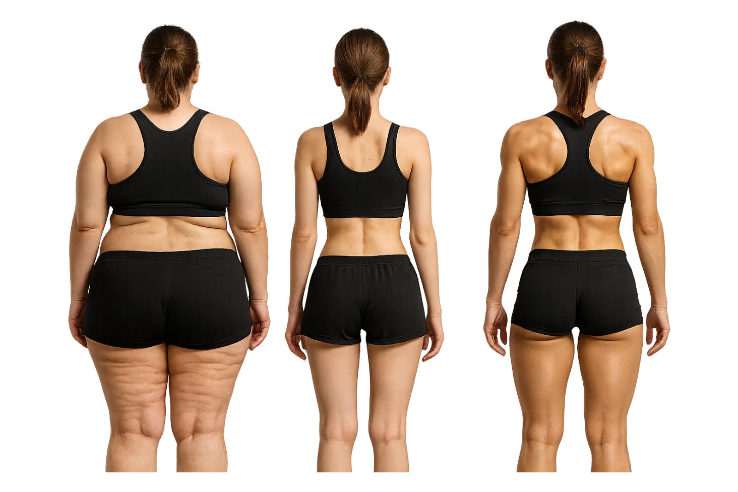 fai una donna di spalle in gym shorts leggermente sovrappeso e con cellulite e accanto una seconda donna di spalle magra (che è dimagrita post dieta) e accanto una terza donna in forma allenata e con le giuste proporzioni, l'immagine deve rappresentare il processo: da donna grassa, a donna piatta e magra, a donna allenata e in forma con i giusti muscoli, iperrealistico 4k sticker