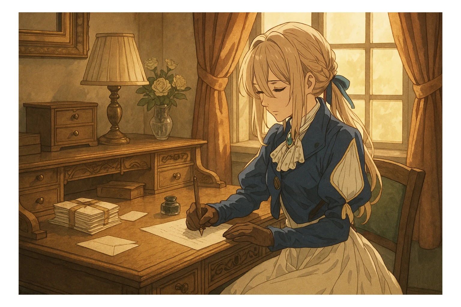 Violet Evergarden, writing a letter at a vintage desk, sunlight streaming in, original anime art style, highly detailed sticker
