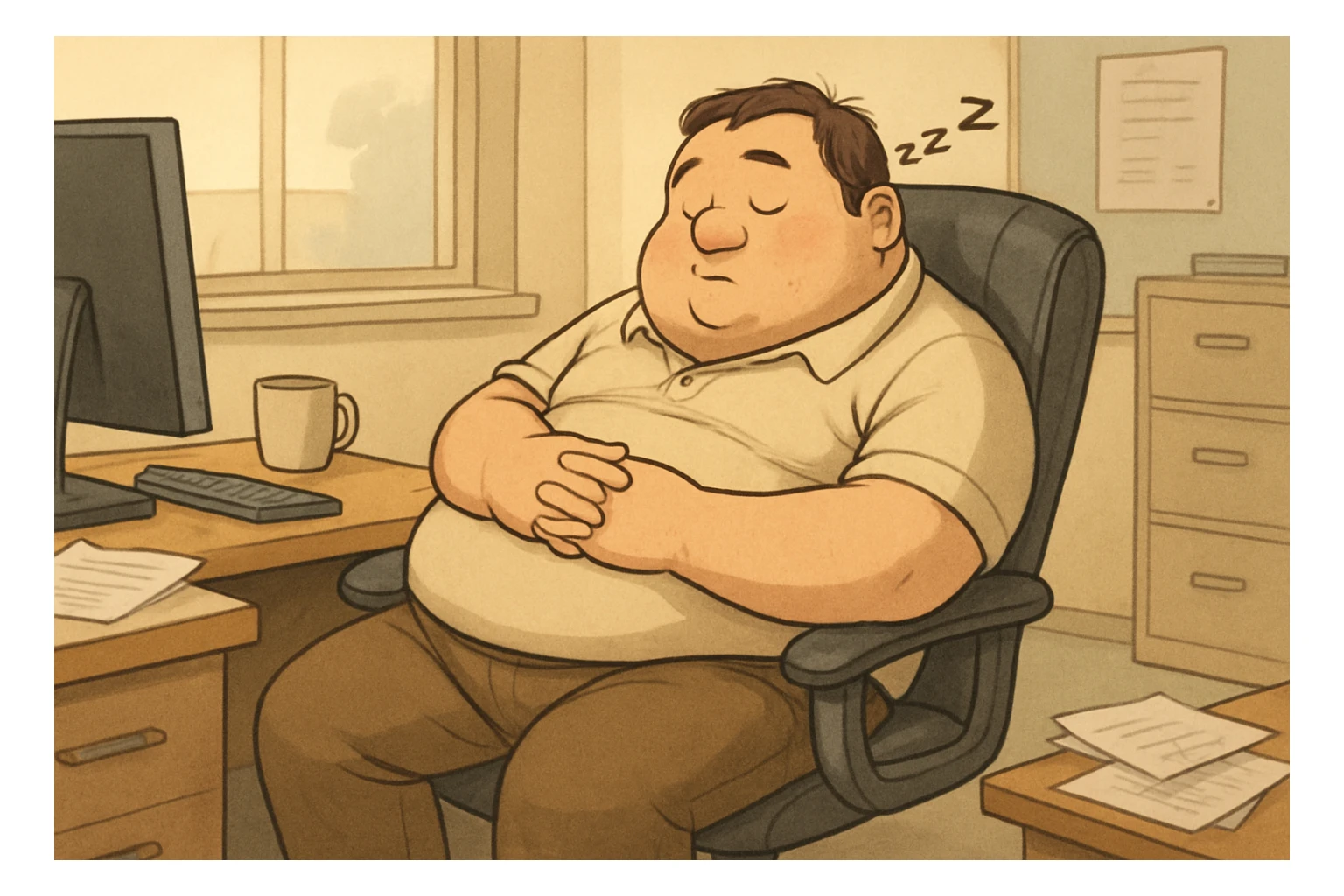 a fat man sleeping in an office chair, realistic cartoon style sticker