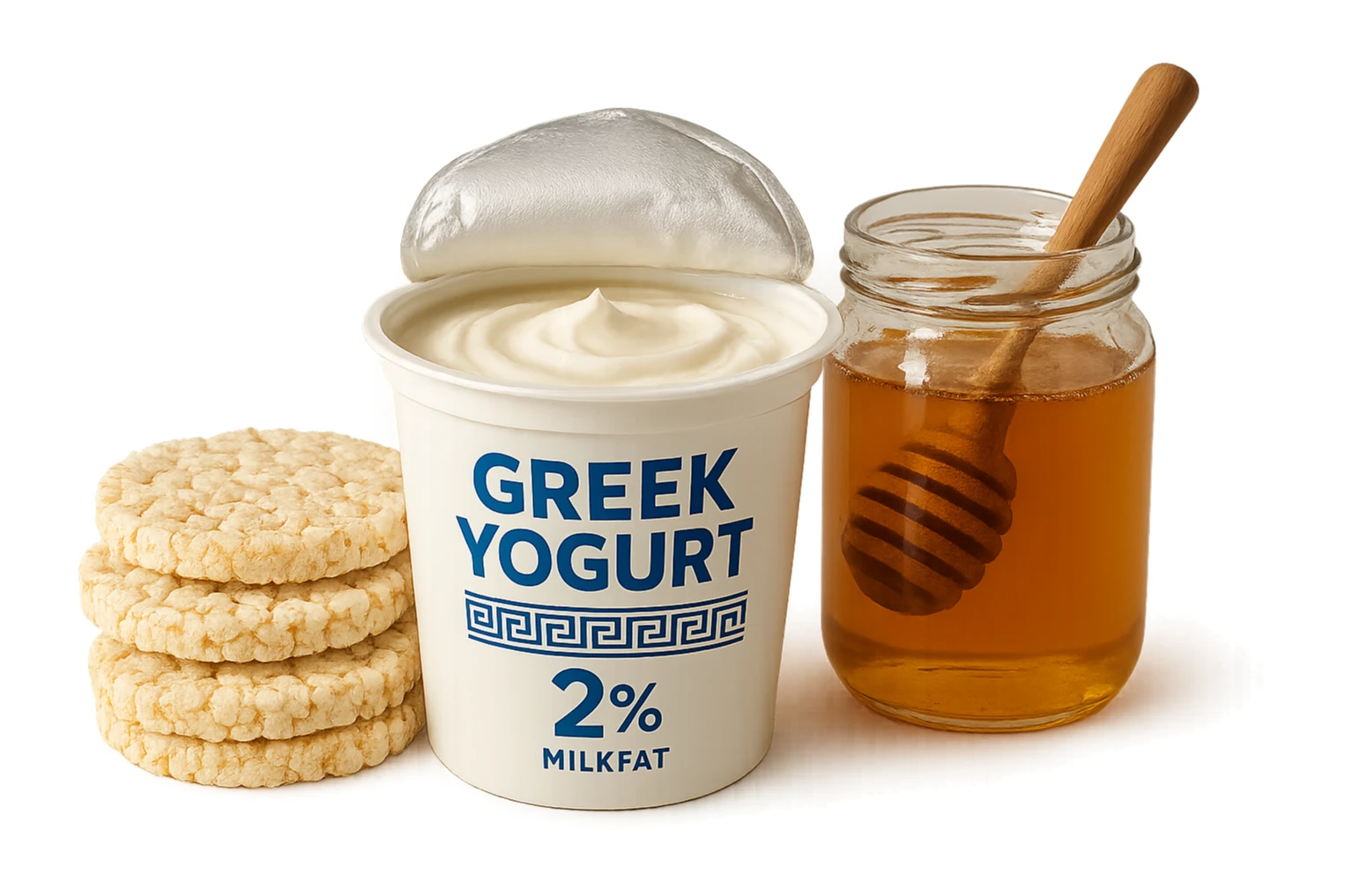 Yogurt Greco 2%
Miele
Gallette di Riso
vista frontale, iperrealistico 4k sticker