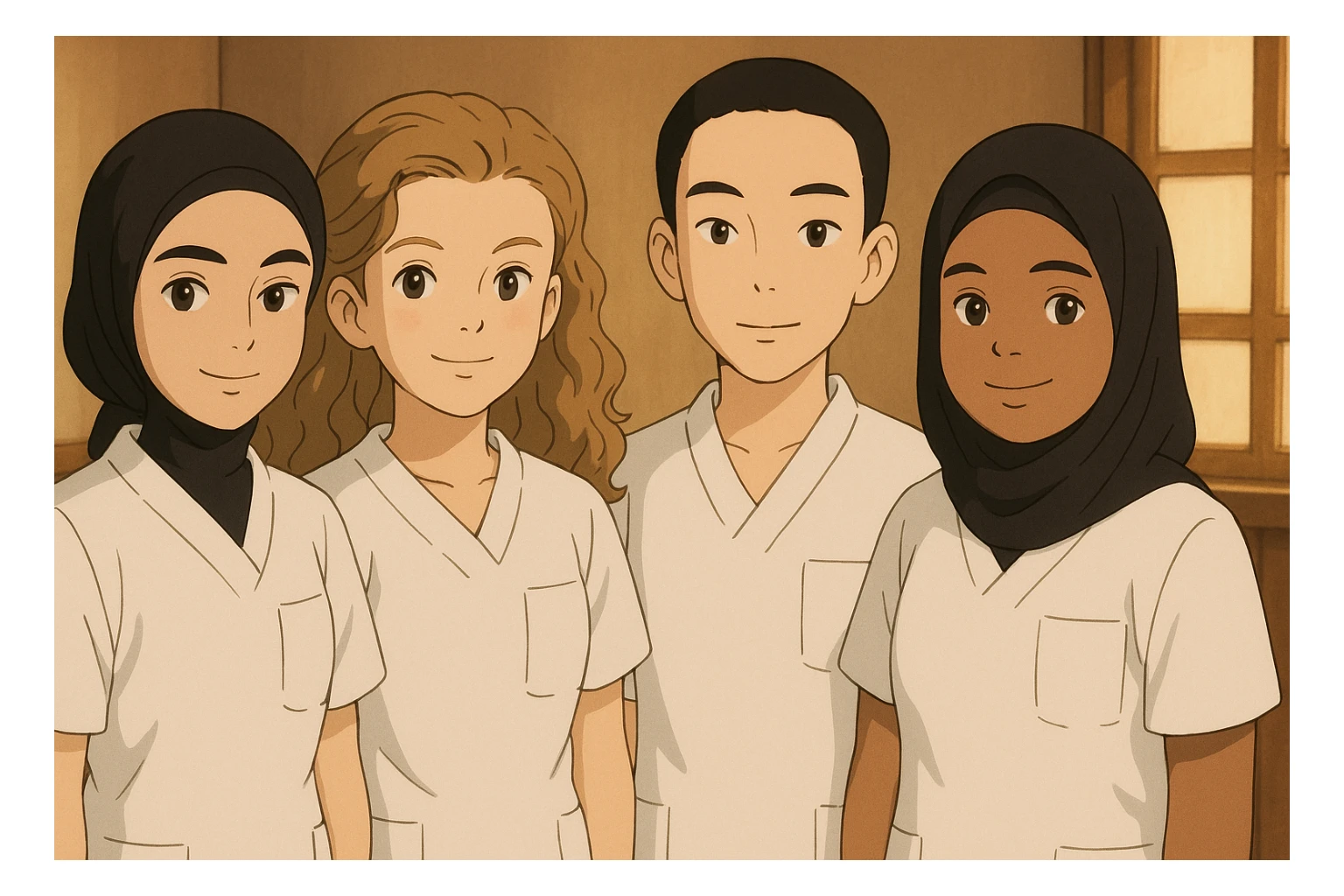 Four nursing students standing side by side indoors, each wearing a white short-sleeved uniform with a V-neck medical tunic, left chest pocket, no collar stand, no stethoscope, nothing protruding from the sleeves, warm ambiance, no feet visible. sticker