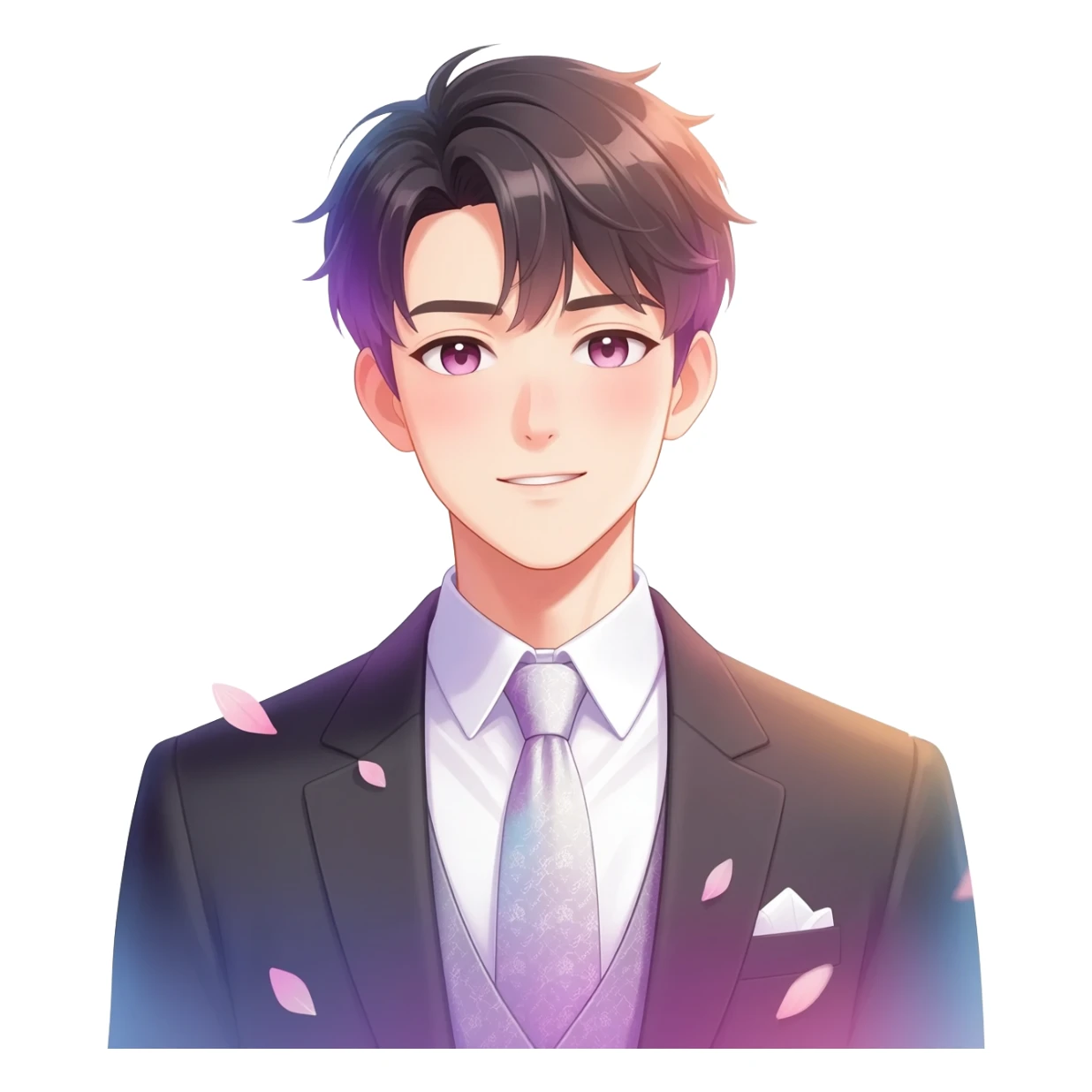 Gorgeous romantic anime style Asian formal modern gentlemanly guy with pretty hair and flower petals and blushing face aesthetic trending style with colorful gradient colors  pastelcore cottagecore kawaiicore sticker