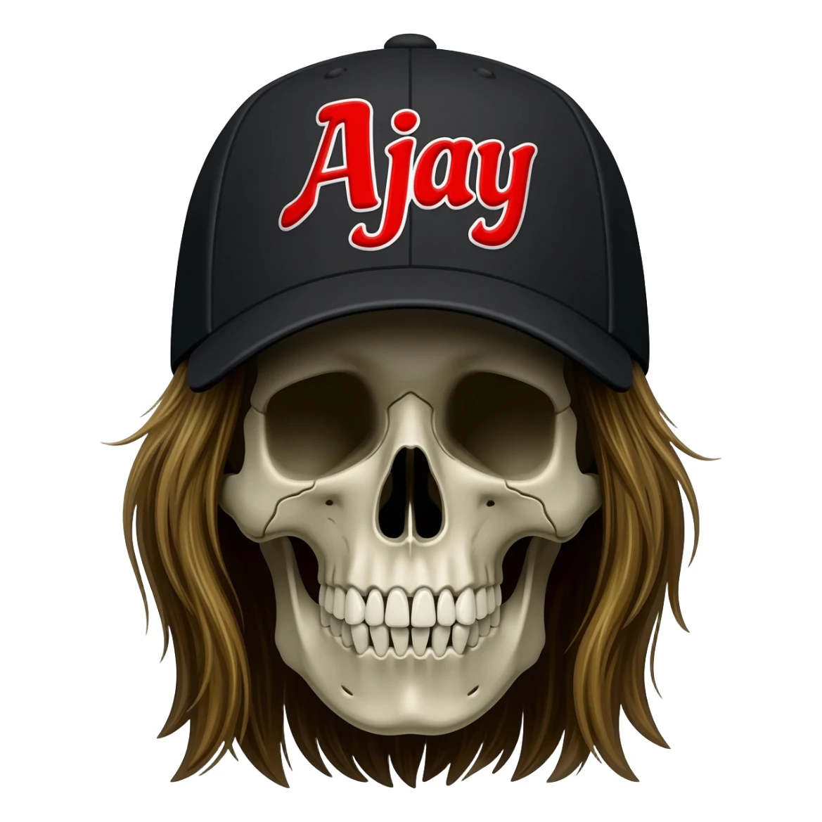 Create a skeleton head wearing a black baseball cap that says "Ajay" in red lettering, with long dark blonde hair sticker