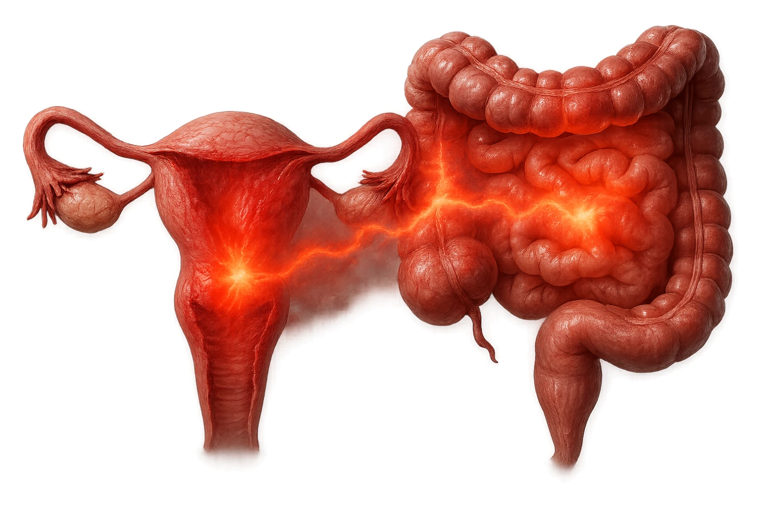 utero umano anatomico iperrealistico e intestino umano anatomico iperrealistico hanno in comune il dolore e l'infiammazione, rendi bene il collegamento tra i due organi doloranti, falla iperrealistica, non disegnata sticker